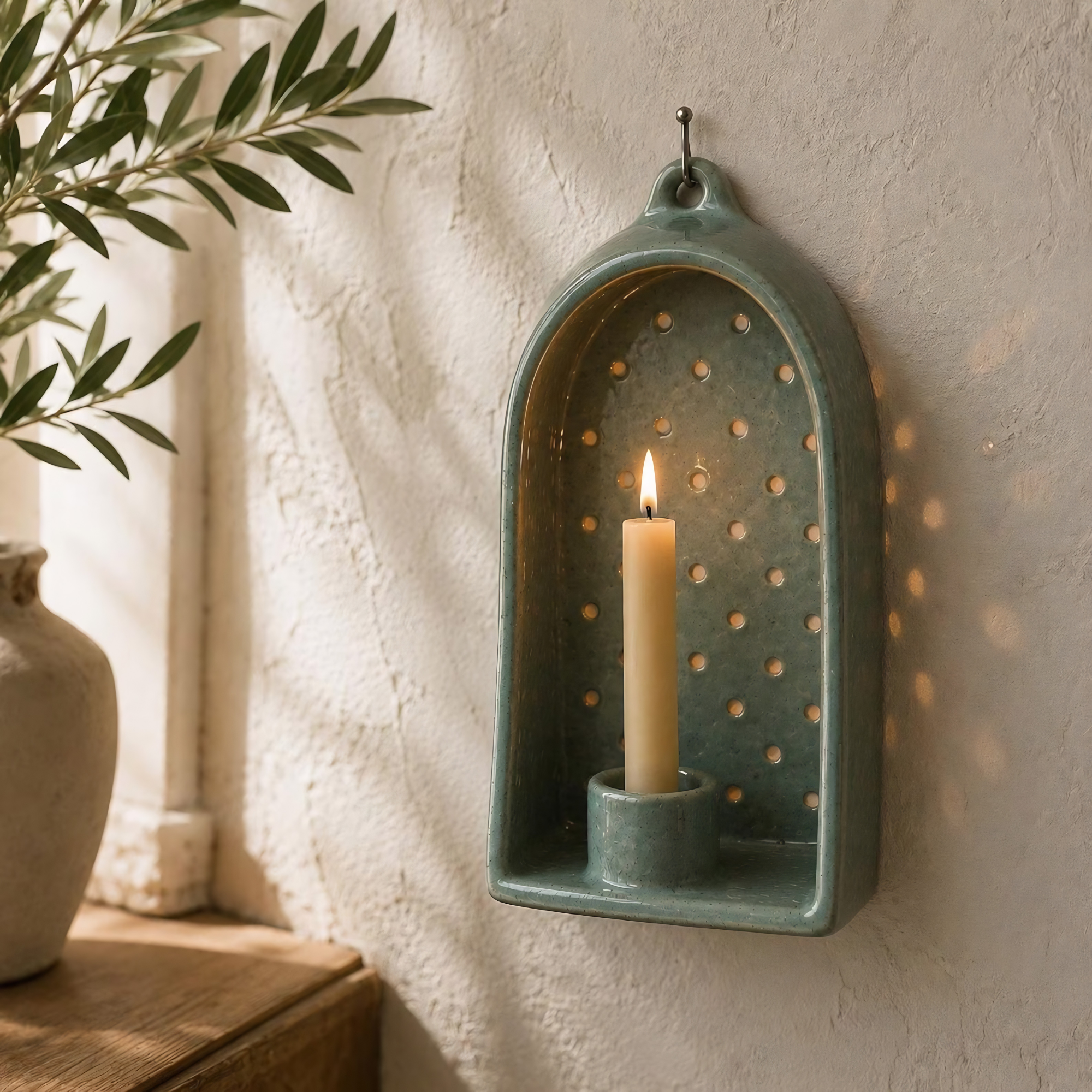 Ceramic Ajour Wall Candle Holder, Shadow Casting Wall Sconce, Handmade Perforated Candle Holder, Housewarming Gift Decor | LA128