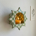 Handmade Checkerboard Ceramic Wall Candle Holder, Sunburst Silhouette, Cottagecore Decor | LA110
