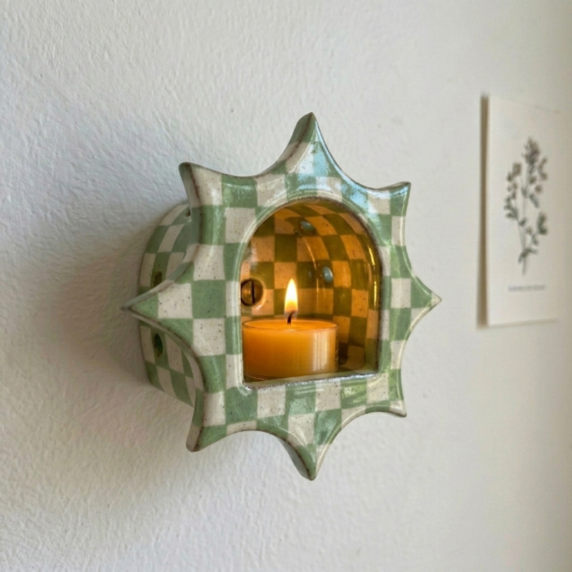 Handmade Checkerboard Ceramic Wall Candle Holder, Sunburst Silhouette, Cottagecore Decor | LA110