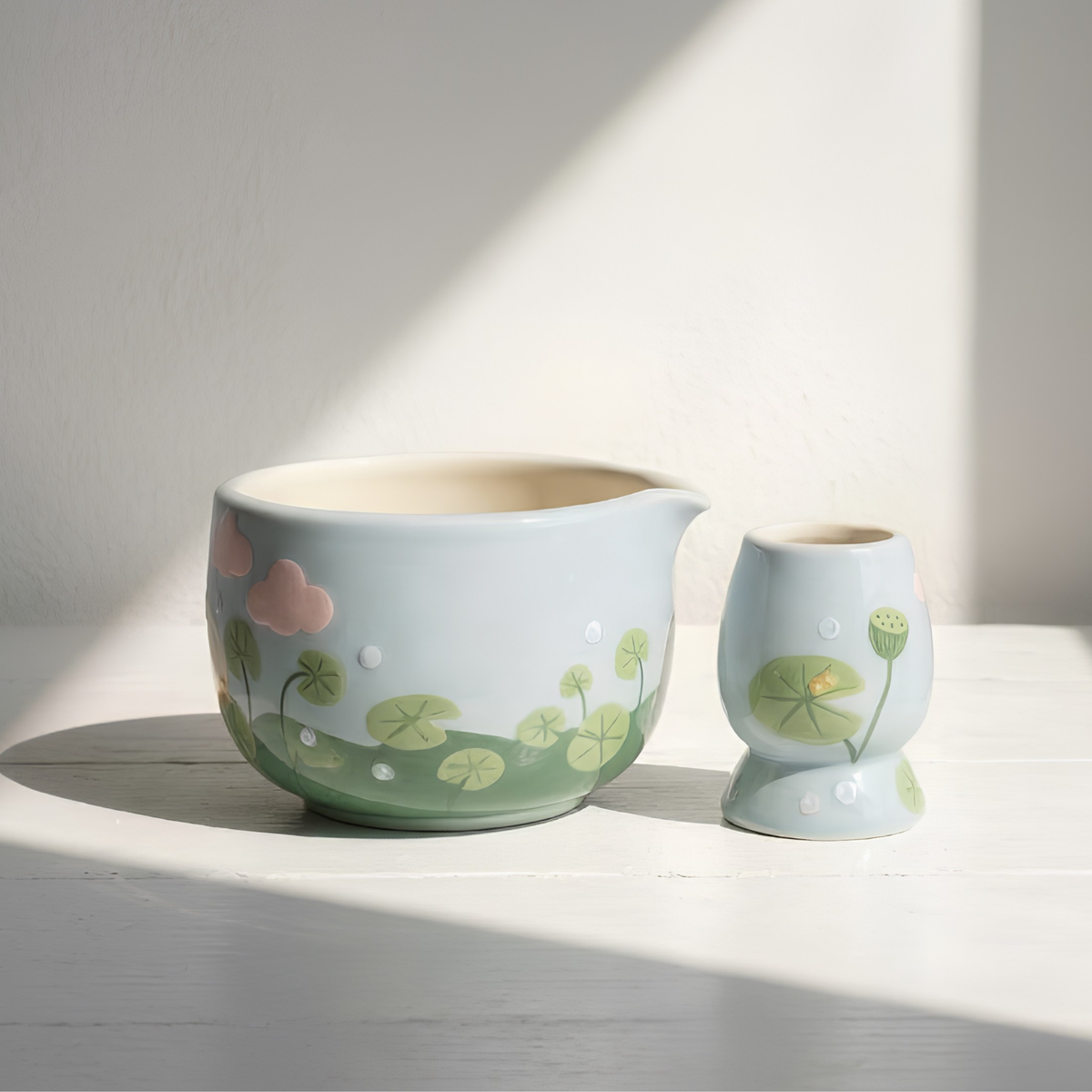 Handmade Duck Pond Ceramic Matcha Bowl Set | Cute Spouted Chawan & Whisk Holder • HX49