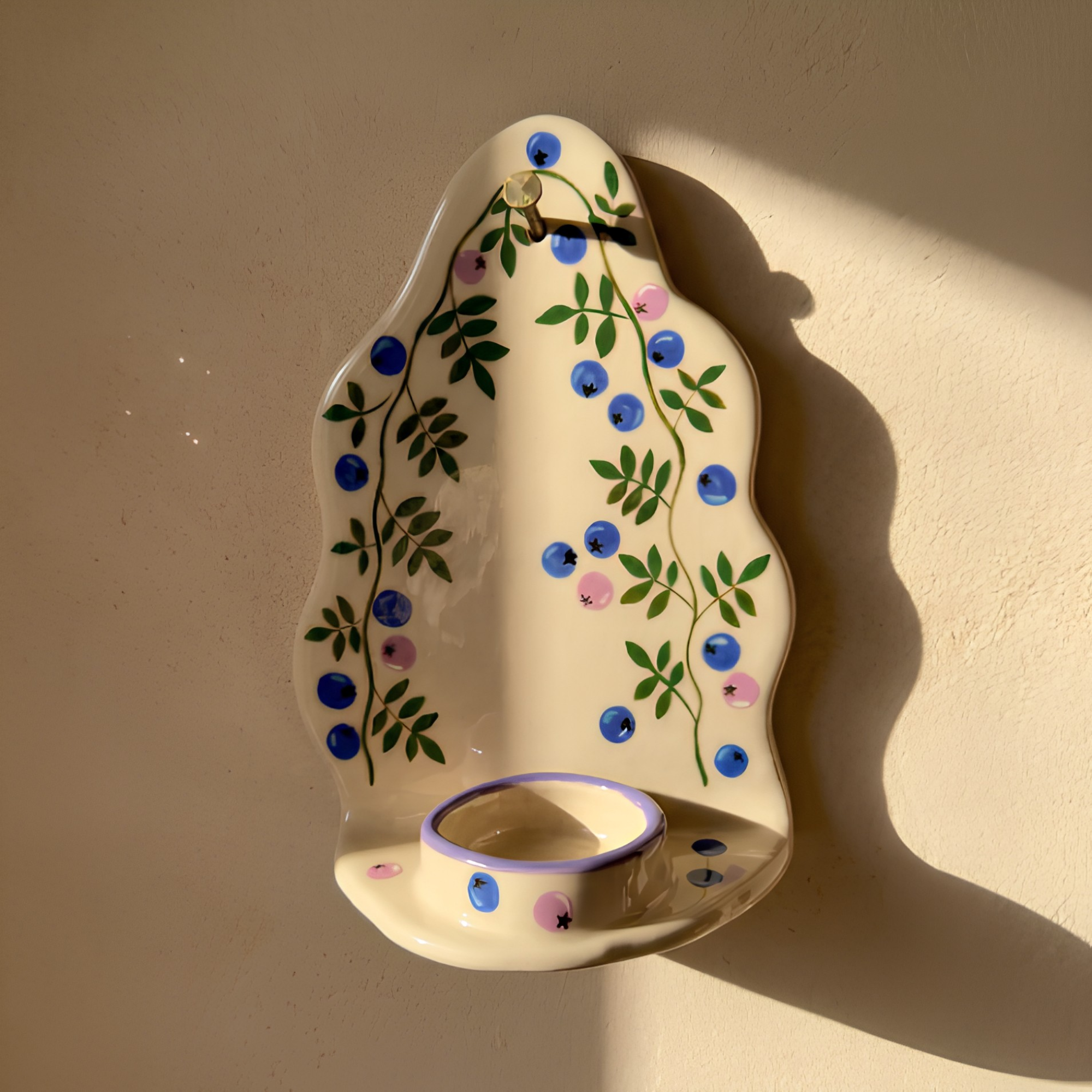 Handcrafted Blueberry Ceramic Wall Candle Sconce, Hand-painted Botanical Tealight Holder, Cute Cottagecore Home Decor • HX39