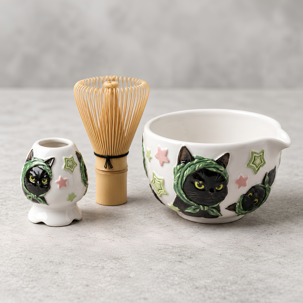 Black Cat Matcha Bowl Set - Spouted Chawan & Whisk Holder, Handmade Ceramic Tea Set.
