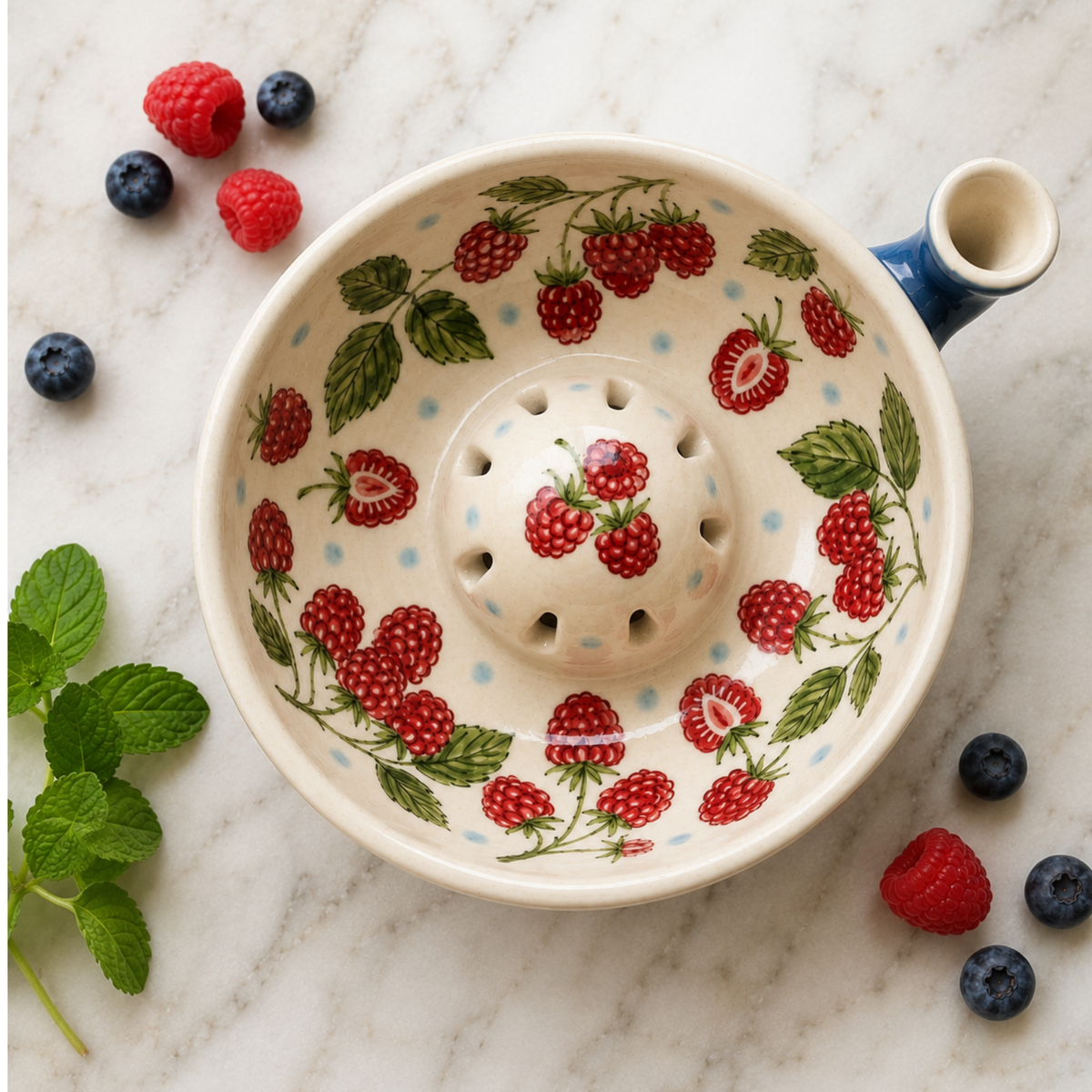 Handmade Raspberry Berry Bowl with Handle & Pour Spout, Ceramic Berry Colander, Fruit Washing Bowl, Cottagecore Kitchen Gift | LA102