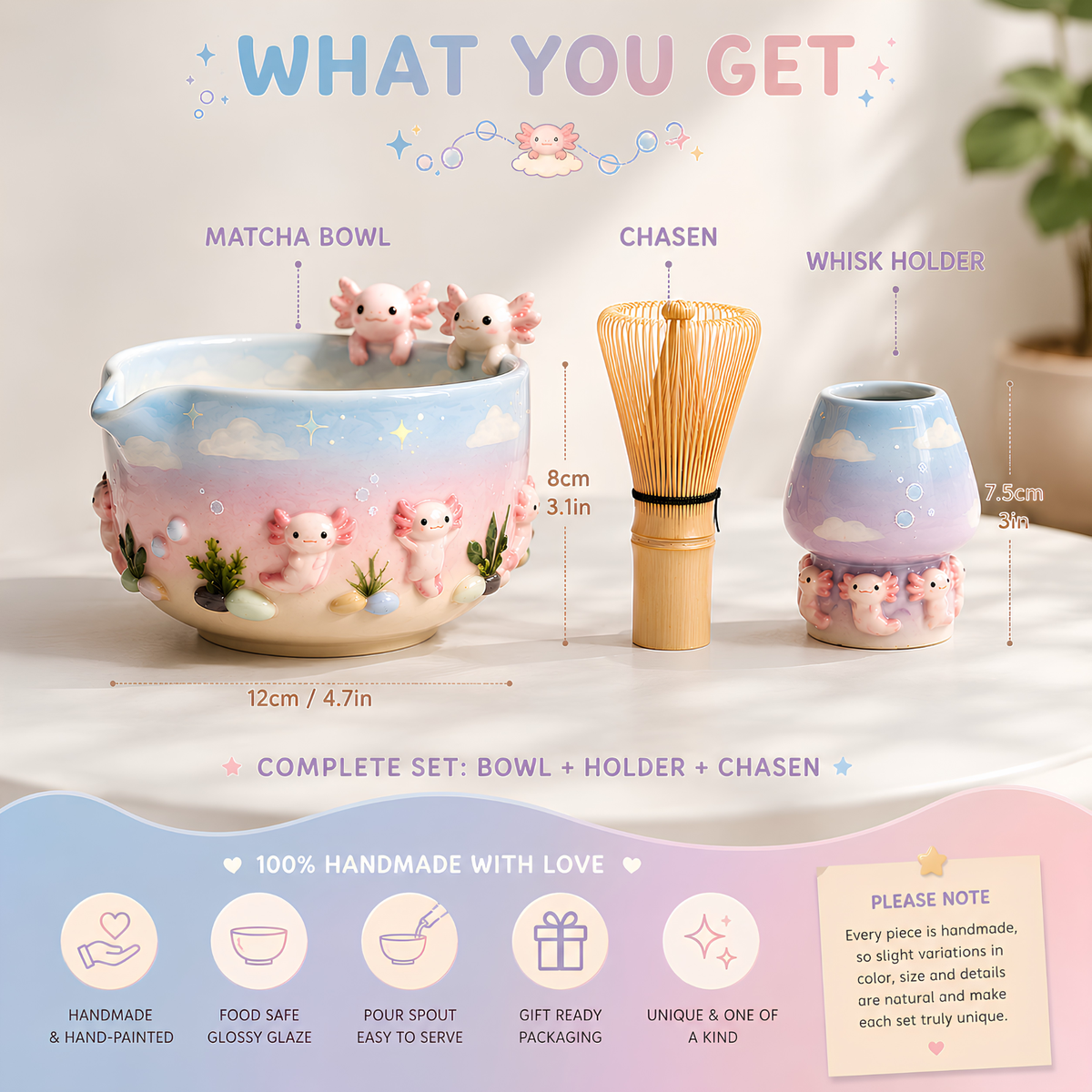 Ombre Axolotl Matcha Bowl | Handmade Ceramic Matcha Set | LA042