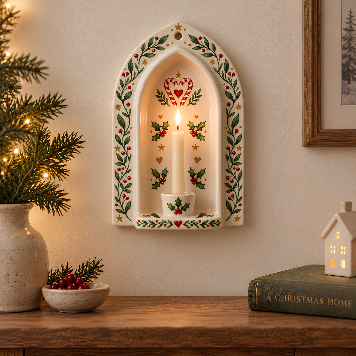 Christmas Ceramic Wall Candle Holder - Taper Sconce, Hand Painted Holly & Candy Cane Pottery Decor, Holiday Housewarming Gift
