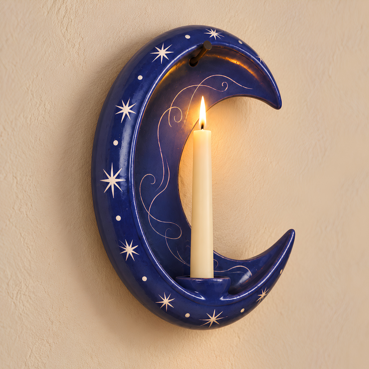 Handmade Crescent Moon Ceramic Wall Candle Holder, Celestial Taper Candle Sconce, Star Wall Decor, Moon Lover Gift, Housewarming Gift