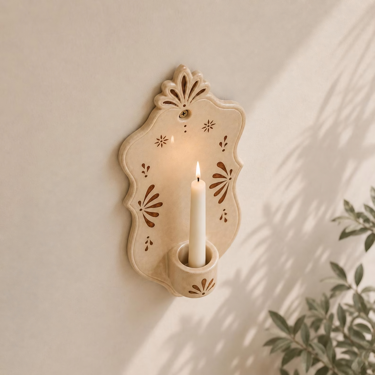 Ceramic Wall Candle Holder, Handmade Mediterranean Wall Sconce, Beige Taper Candle Holder, Farmhouse Boho Wall Decor | LA130