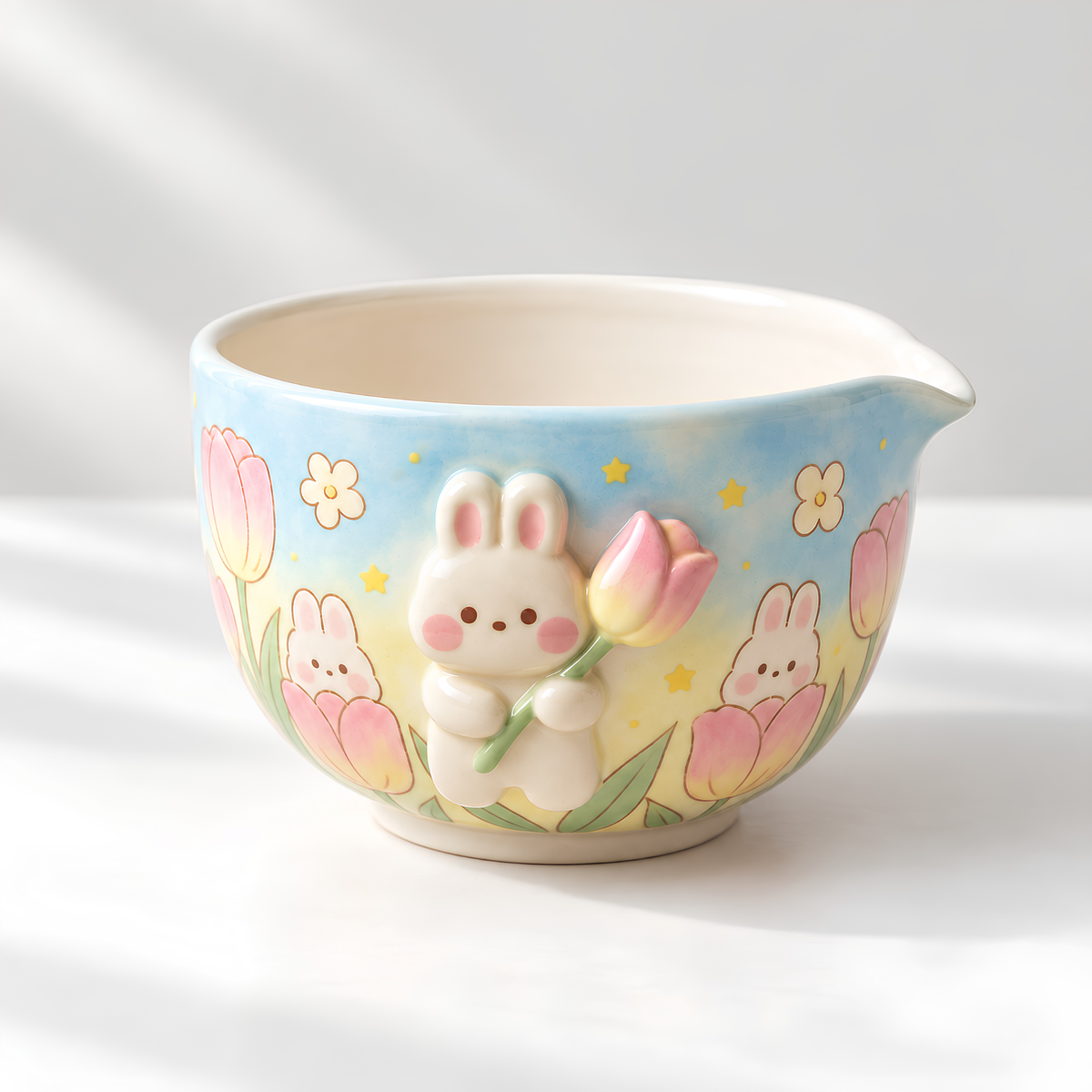Bunny Tulip Matcha Bowl Set, Spouted Chawan & Whisk Holder, Handmade Ceramic Tea Set, Kawaii Gift for Bunny & Matcha Lovers