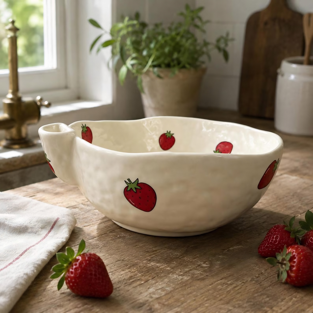 Ceramic Berry Bowl Colander, Fruit Strainer Washing Bowl with Drain, Strawberry Blueberry Cottagecore Kitchen Decor, Housewarming Gift | LA103