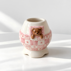 Teddy Bear Matcha Bowl Set, Handmade Ceramic Chawan & Whisk Holder, Pink Gingham Tea Set