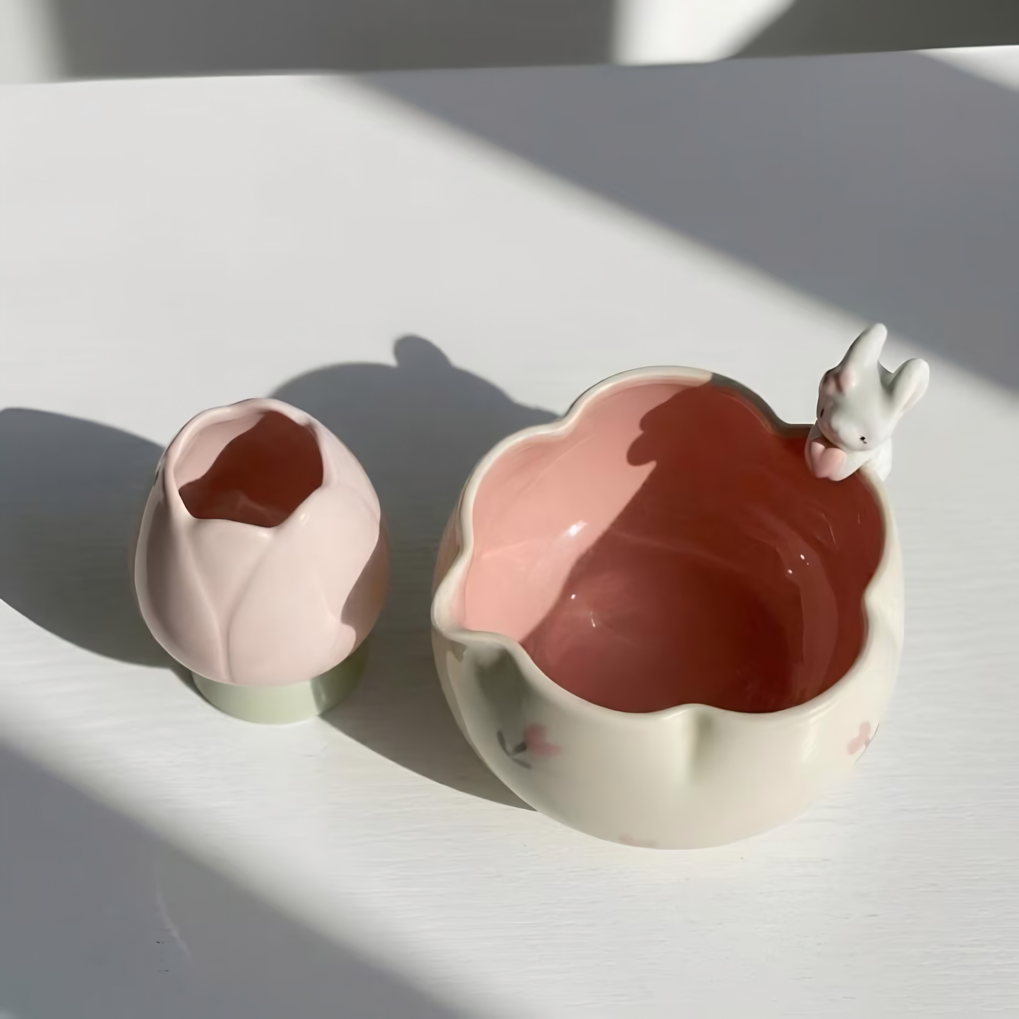 Handmade Bunny Matcha Tea Set - Cute Rabbit Chawan, Ceramic Matcha Bowl with Tulip Whisk Holder, Kawaii Tea Lover Gift | LA043