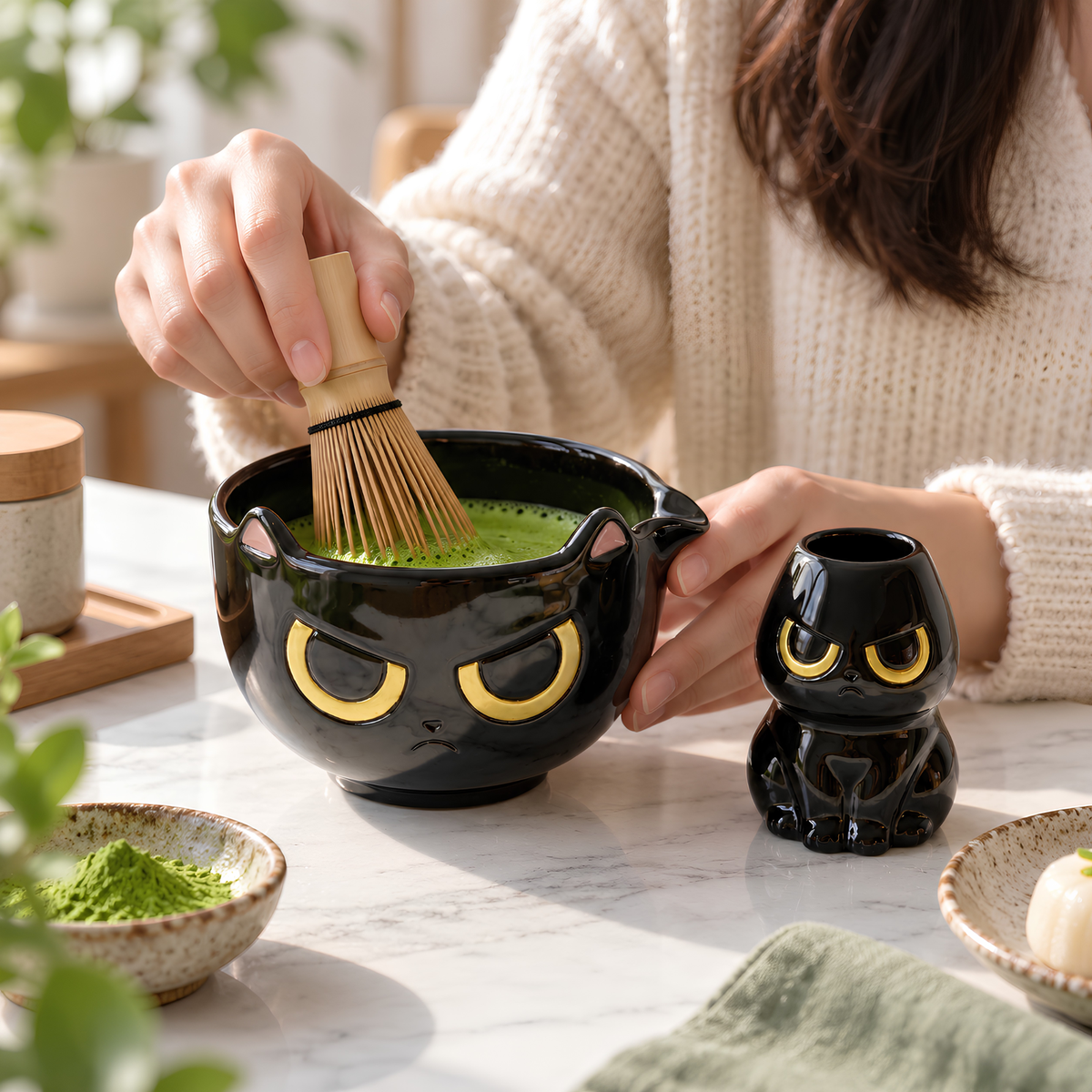 Grumpy Black Cat Matcha Bowl Set - Spouted Chawan & Whisk Holder, Handmade Ceramic Tea Set.