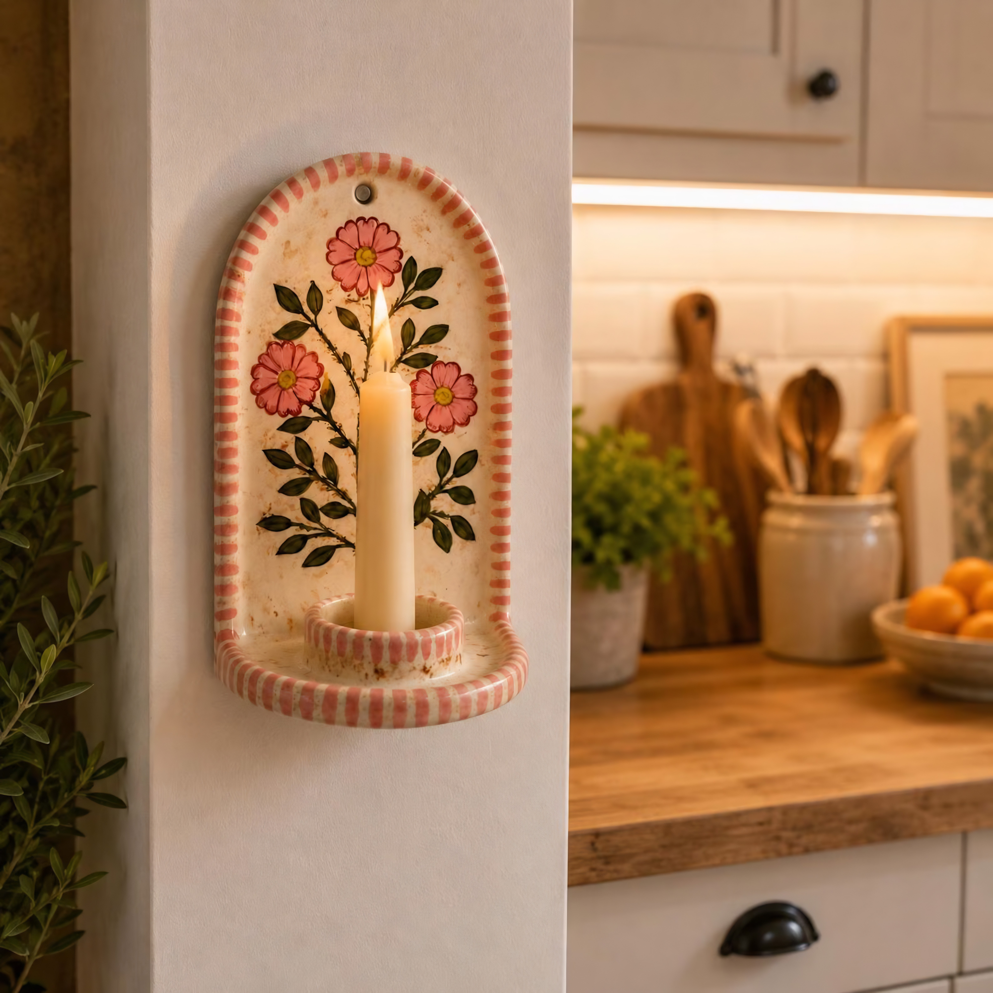 Handmade Ceramic Wall Candle Holder, Floral Taper Candle Sconce, Cottagecore Wall Decor, Unique Housewarming Gift Set | Ceramic Wall Candle Holder | LA119