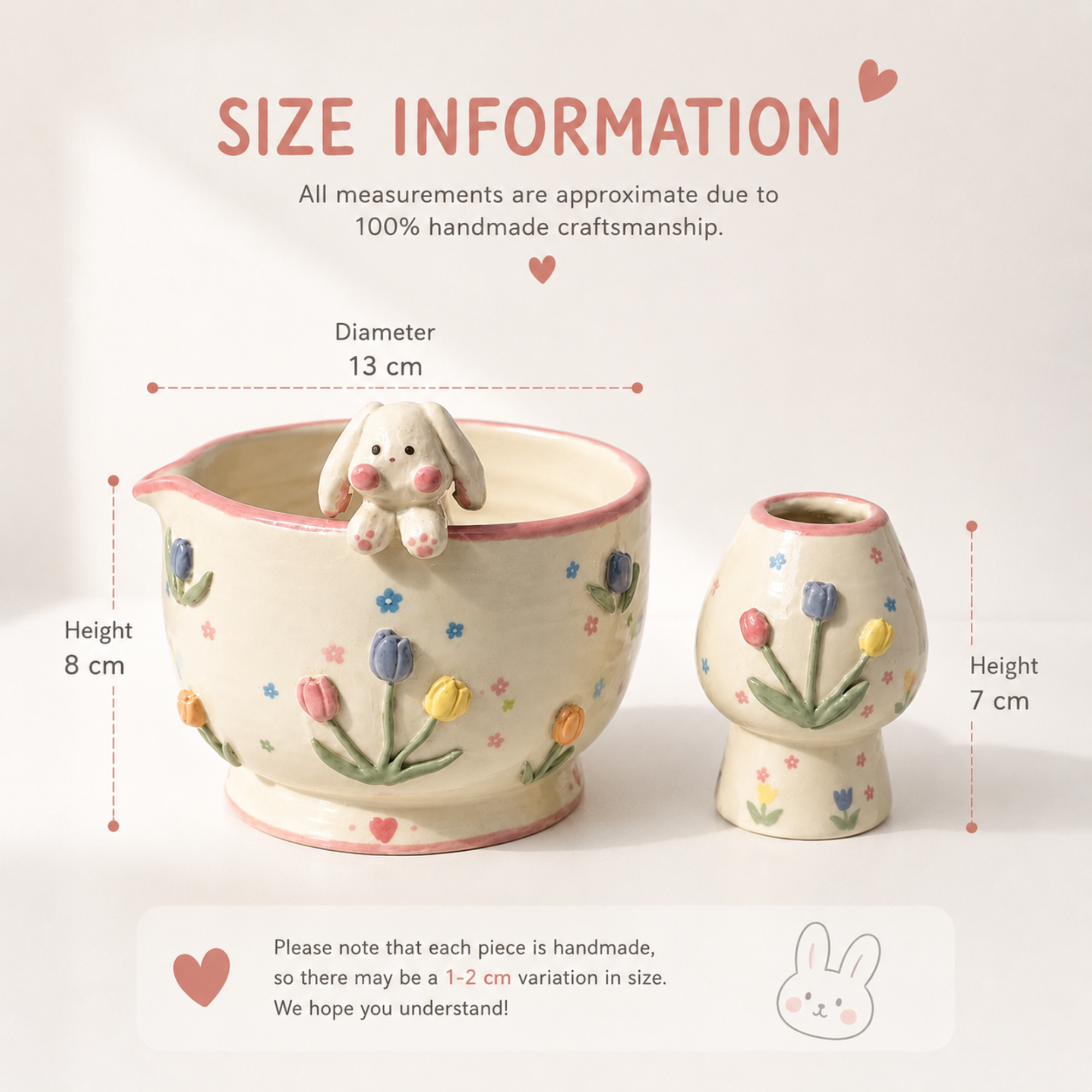 Cute 3D Bunny & Tulip Ceramic Matcha Bowl and Whisk Holder Set • HX04