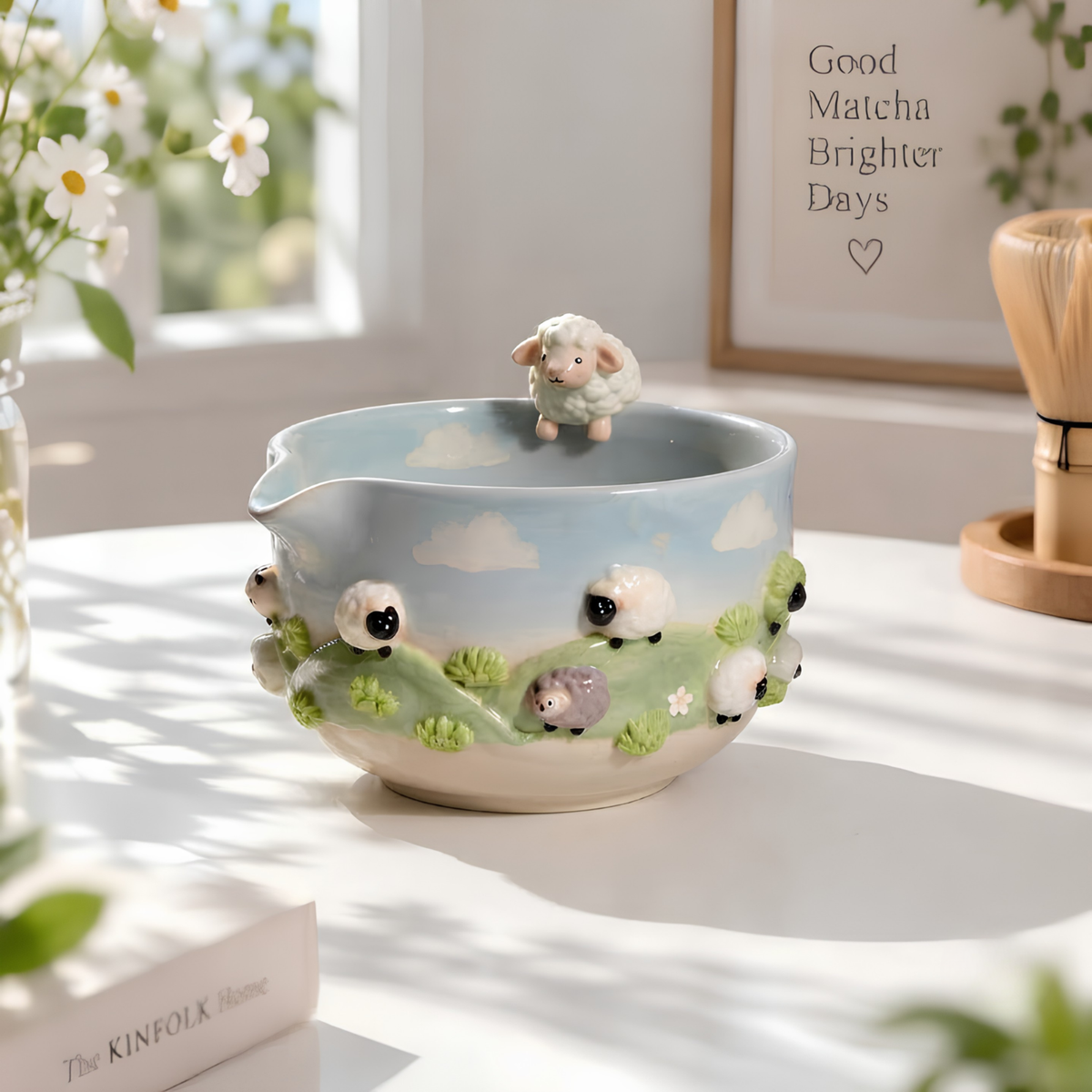 Sheep Matcha Bowl Set, Handmade Ceramic Matcha Set, Cute Chawan with Whisk Holder, Cottagecore Matcha Gift for Tea Lover | LA046