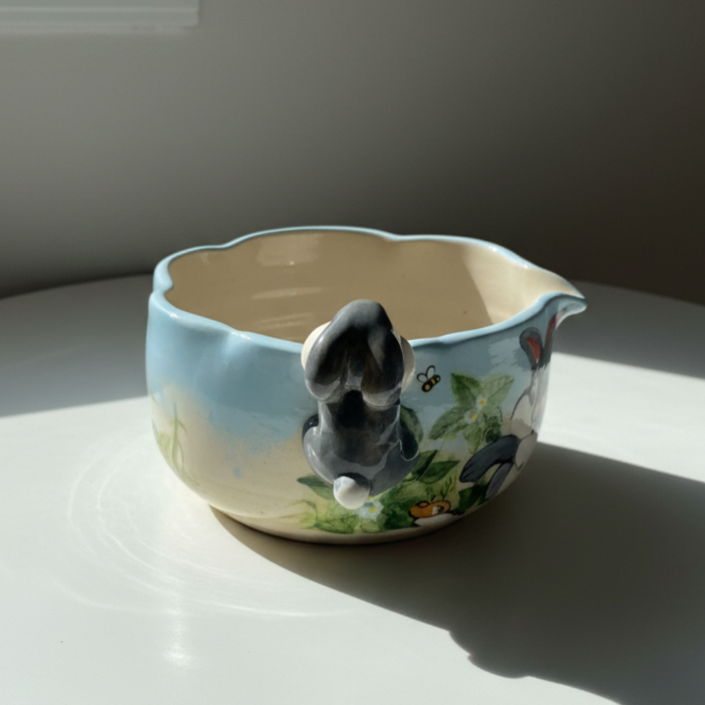 Fairytale Bunny Garden 3D Handcrafted Ceramic Matcha Bowl and Mushroom Whisk Holder Set • HX05