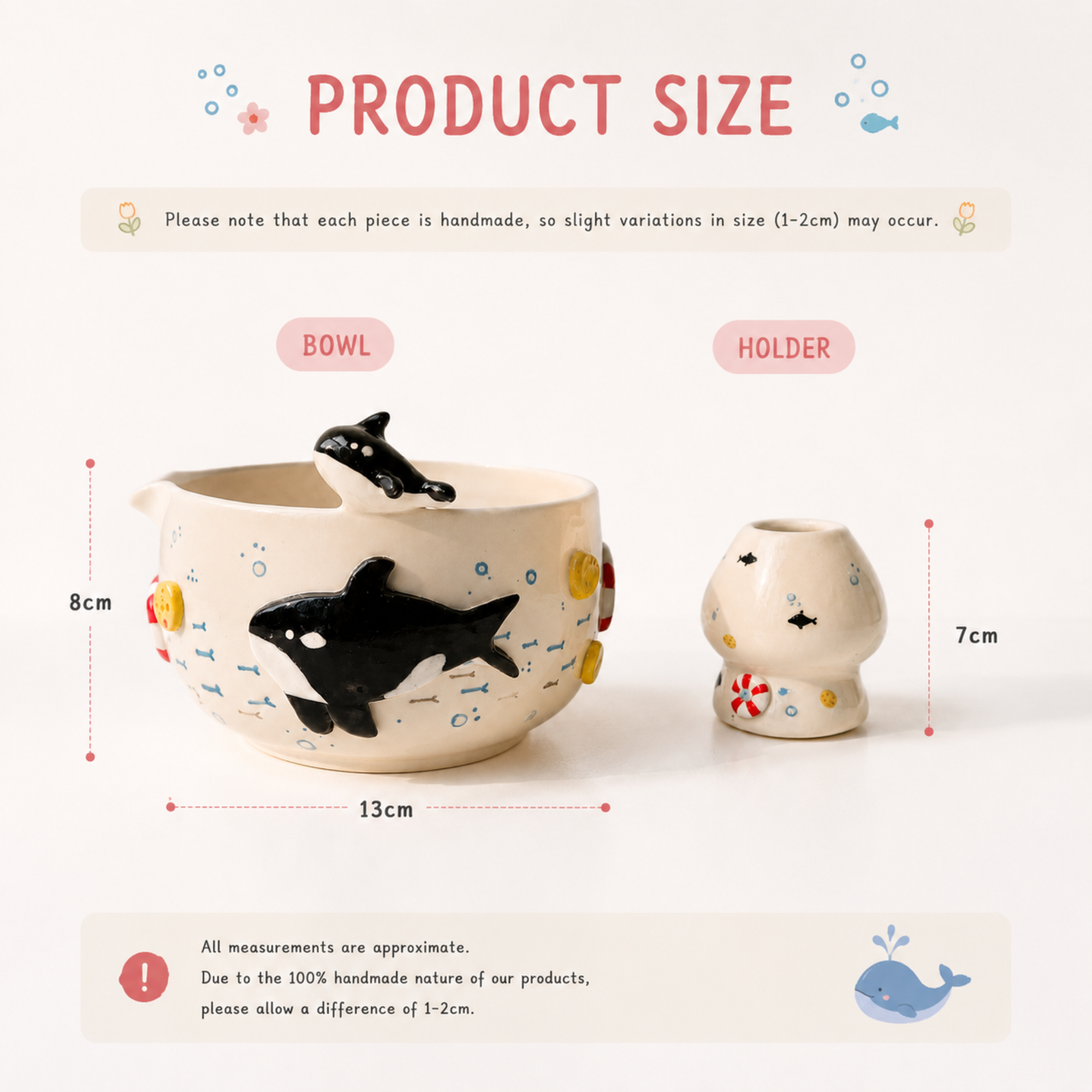 Playful Orca Ocean 3D Handcrafted Ceramic Matcha Bowl and Whisk Holder Set • HX12