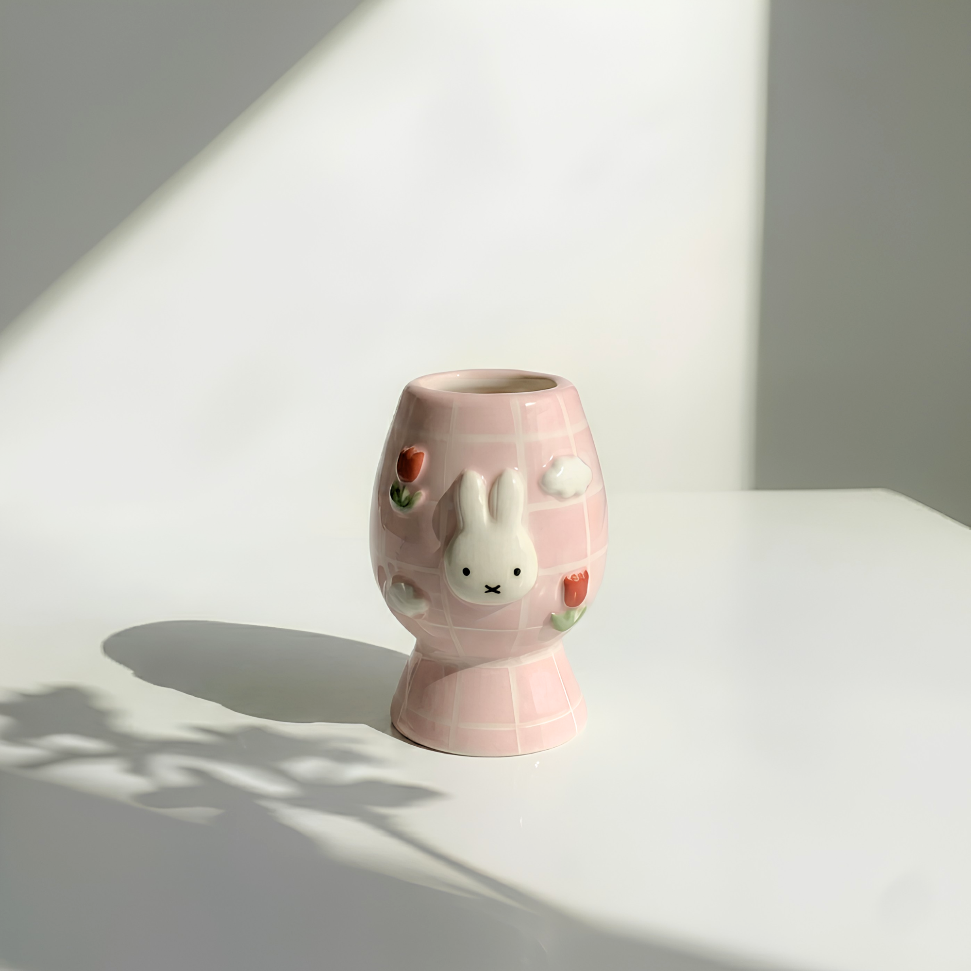 Grid Pink Bunny Matcha Bowl | Handmade Ceramic Chawan | LA024