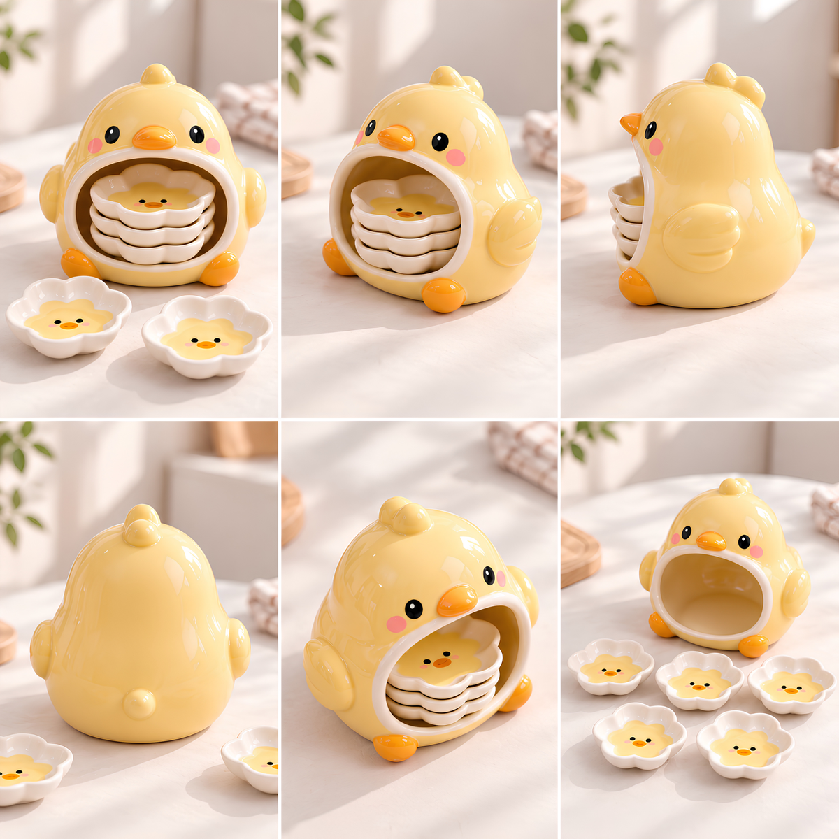 Chick Ceramic Dipping Dish Set - Flower Shaped Sauce Plates & Holder, Handmade Tableware.
