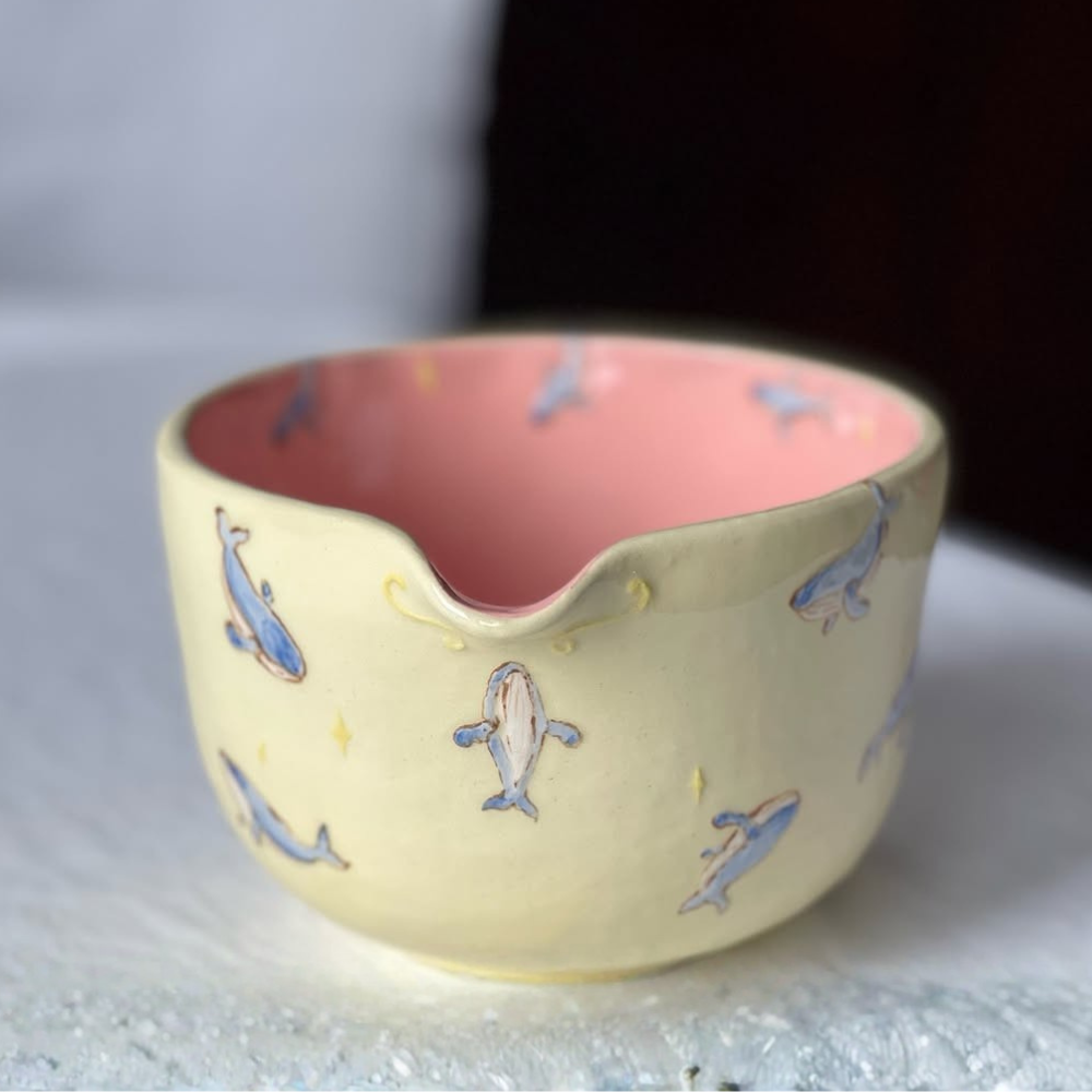 Handmade Blue Whale Ceramic Matcha Bowl Set | Pastel Yellow Spouted Chawan & Whisk Holder • HX53