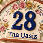 Personalized Floral Ceramic House Number Sign - Custom Address Plaque, Handmade Cottage Door Decor.