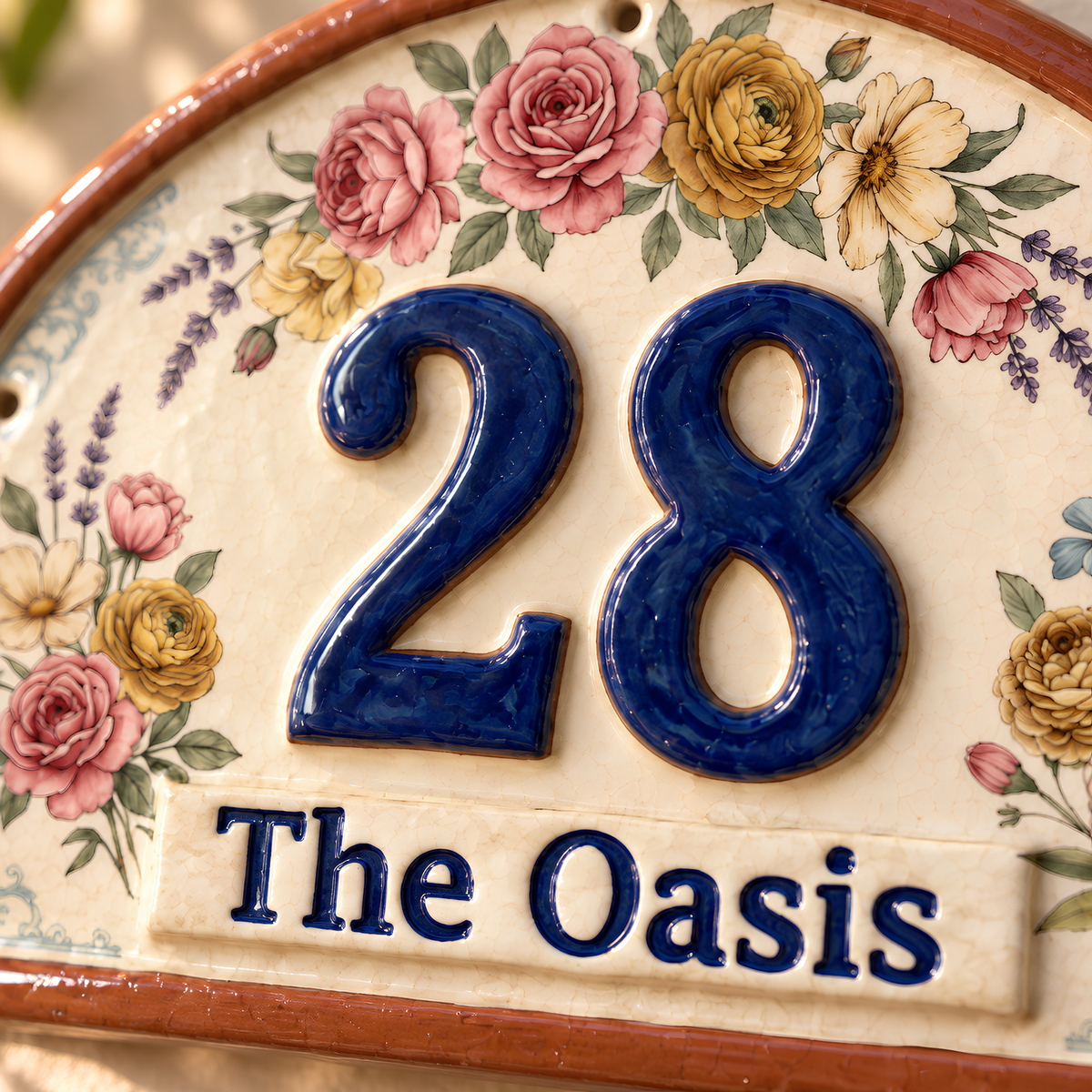 Personalized Floral Ceramic House Number Sign - Custom Address Plaque, Handmade Cottage Door Decor.
