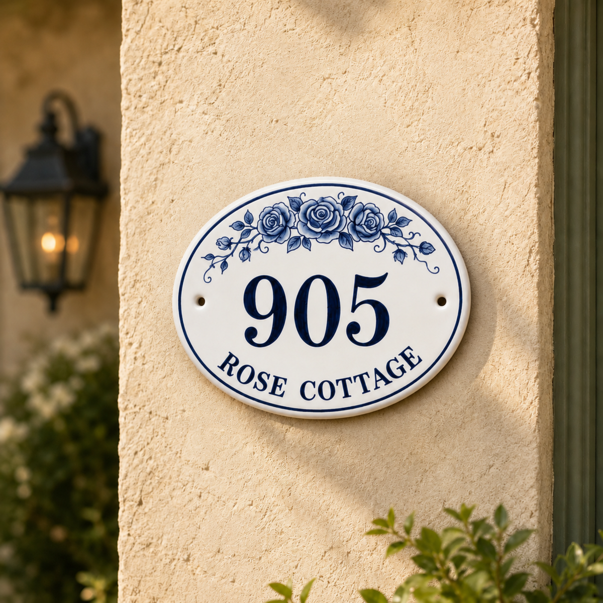 Personalized Ceramic House Number Sign, Hand Painted Blue Floral Address Plaque, Custom Street Name Sign, Cottage Home Decor - NN