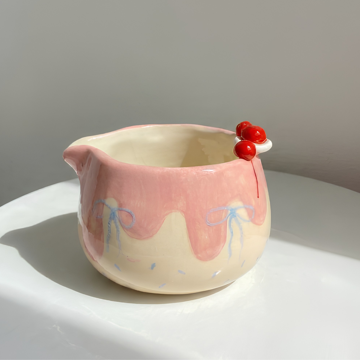 Handmade Pink Cherry Cake & Ribbon Bow Ceramic Matcha Bowl Set | Cute Spouted Chawan & Whisk Holder • HX51