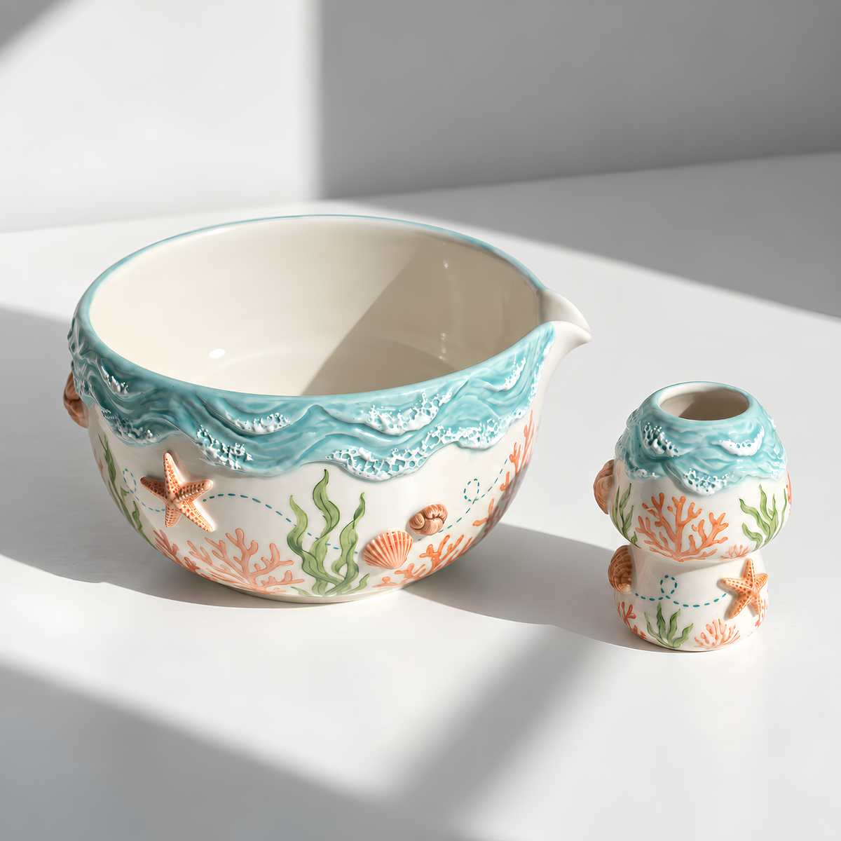 Ocean Reef Matcha Bowl Set - Spouted Chawan and Whisk Holder, Handmade Ceramic Tea Set, Coastal Gift for Matcha Lovers