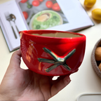 Handmade Red Tomato Ceramic Matcha Bowl Set | Cute Spouted Chawan & Polka Dot Whisk Holder • HX52