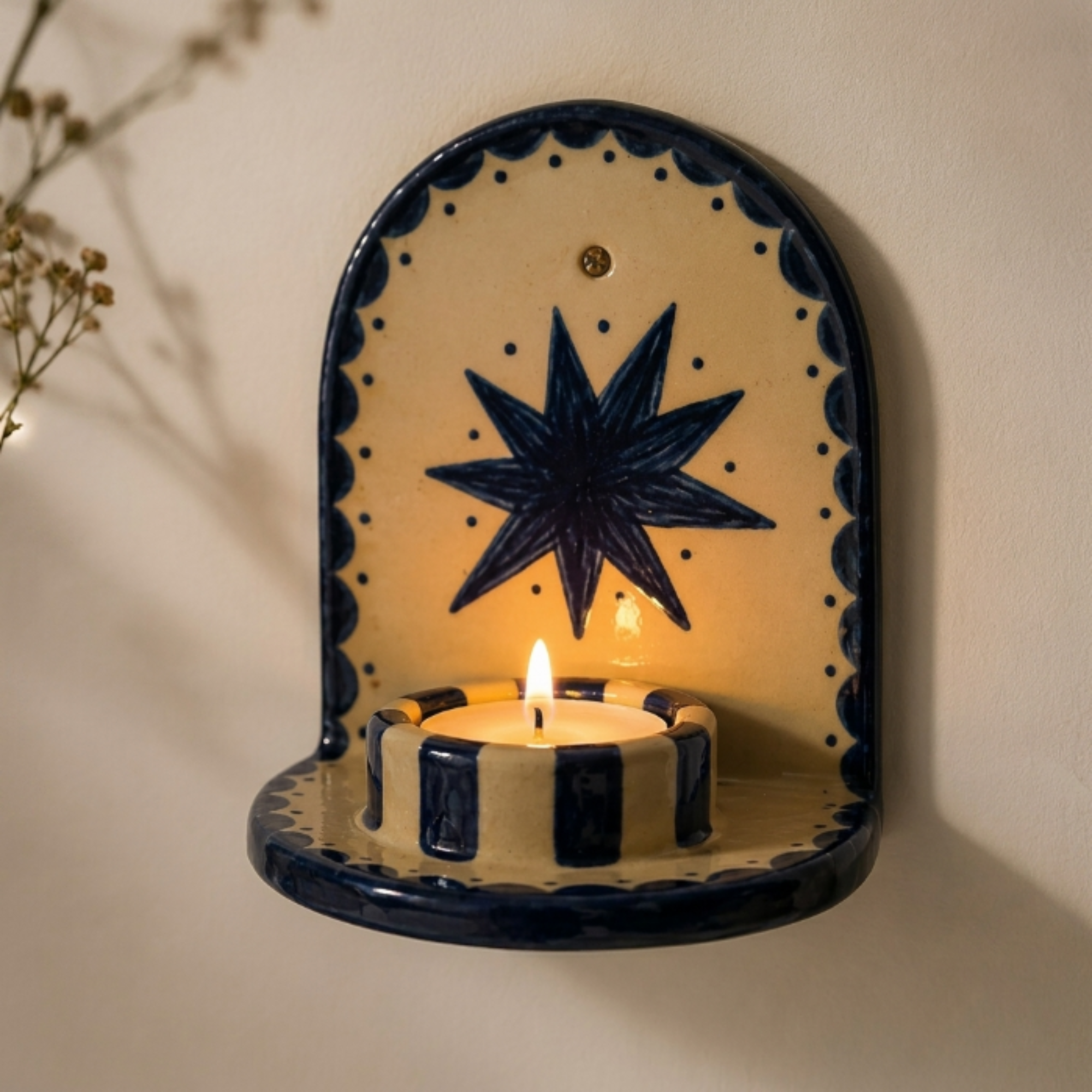 Blue Star Ceramic Candle Holder, Handmade Wall Sconce, Celestial Home Decor, Coastal Wall Accent, Boho Decor | LA113