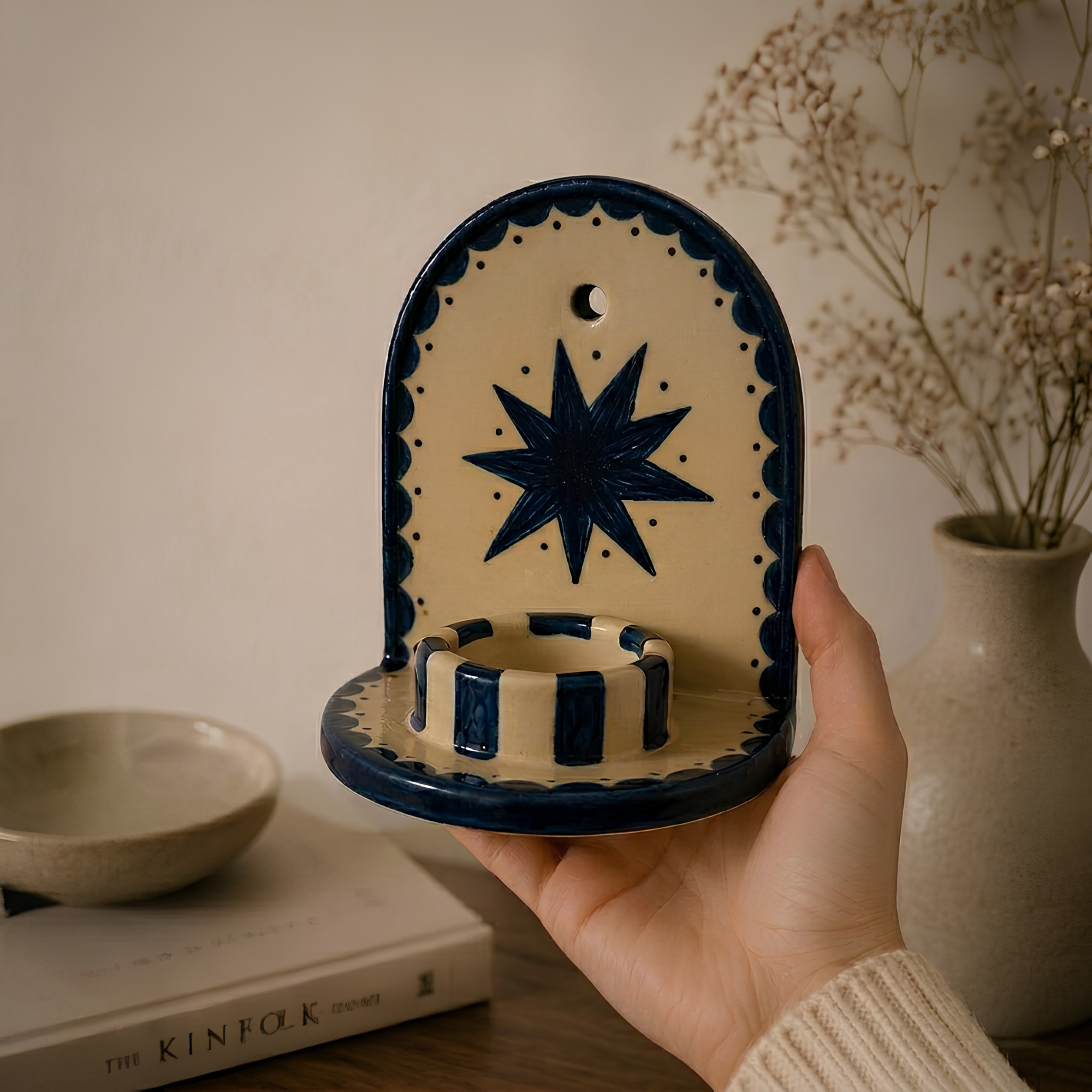 Blue Star Ceramic Candle Holder, Handmade Wall Sconce, Celestial Home Decor, Coastal Wall Accent, Boho Decor | LA113
