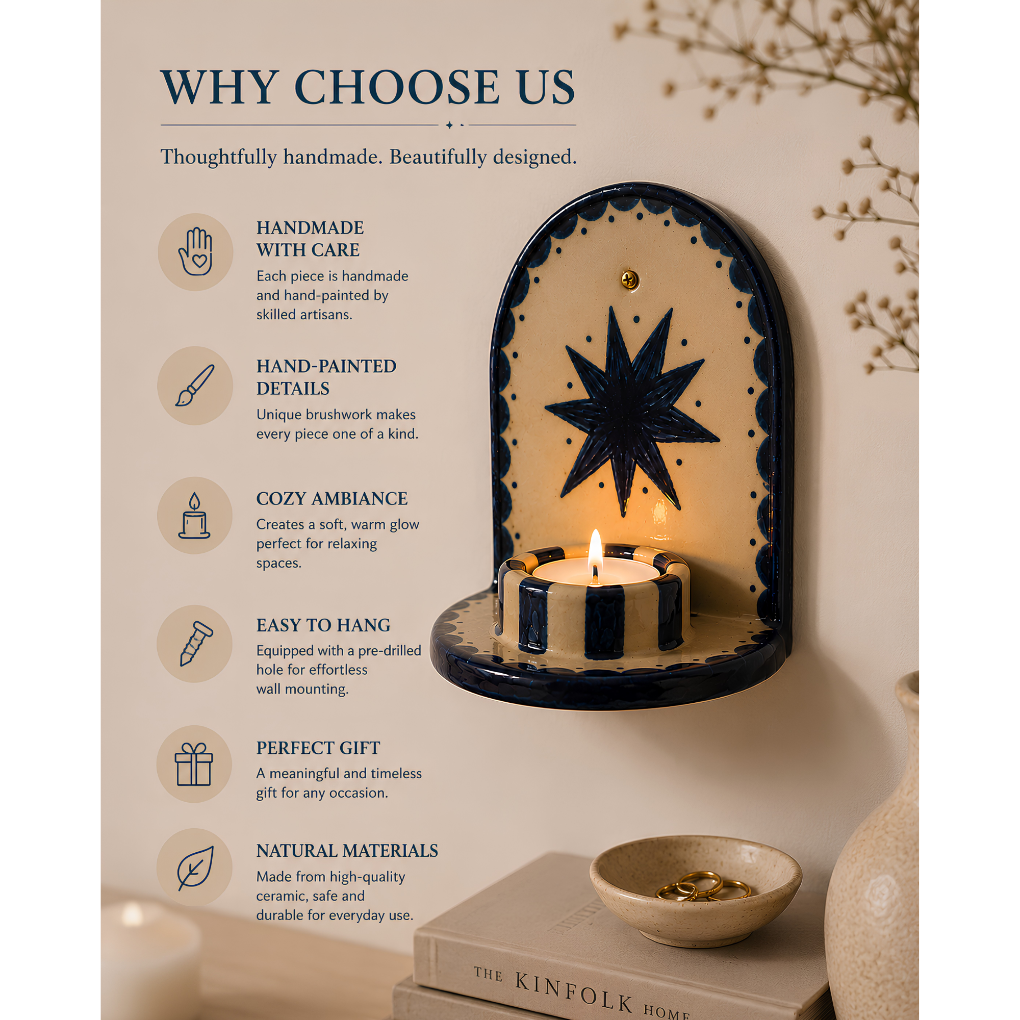 Blue Star Ceramic Candle Holder, Handmade Wall Sconce, Celestial Home Decor, Coastal Wall Accent, Boho Decor | LA113