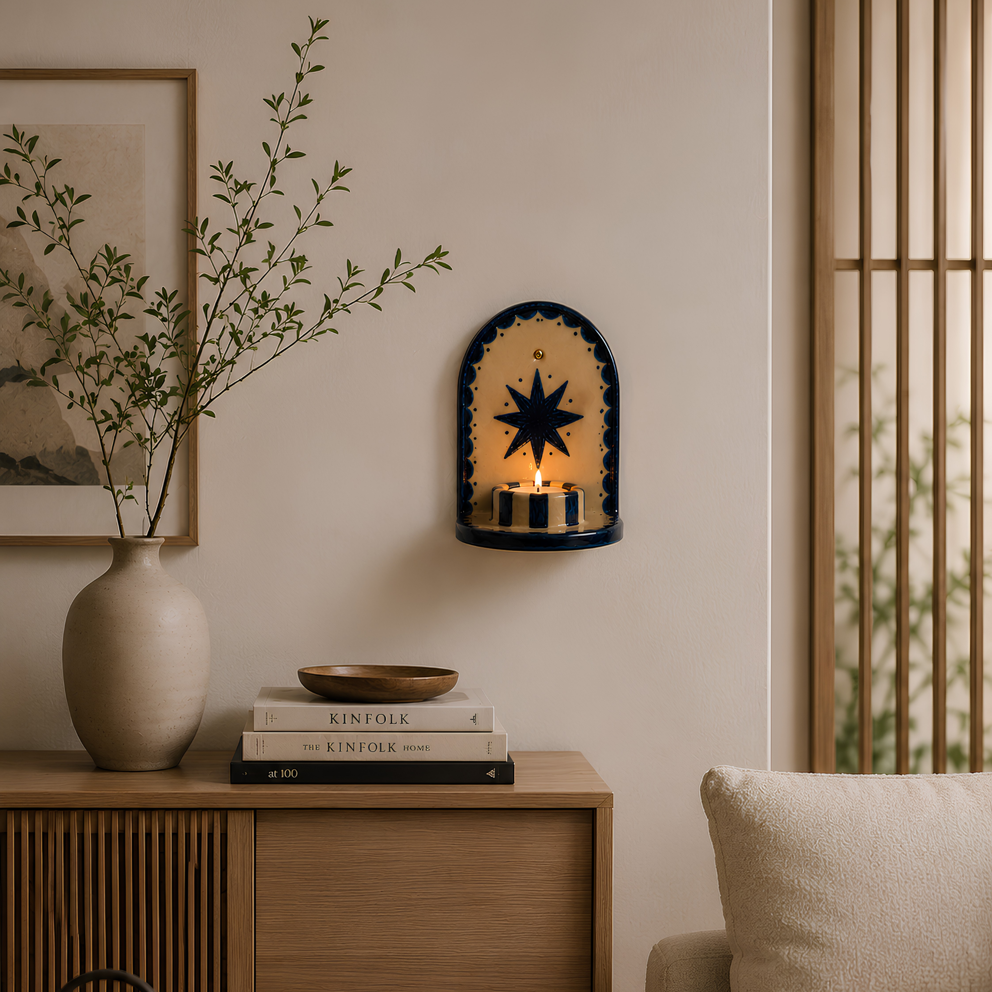 Blue Star Ceramic Candle Holder, Handmade Wall Sconce, Celestial Home Decor, Coastal Wall Accent, Boho Decor | LA113
