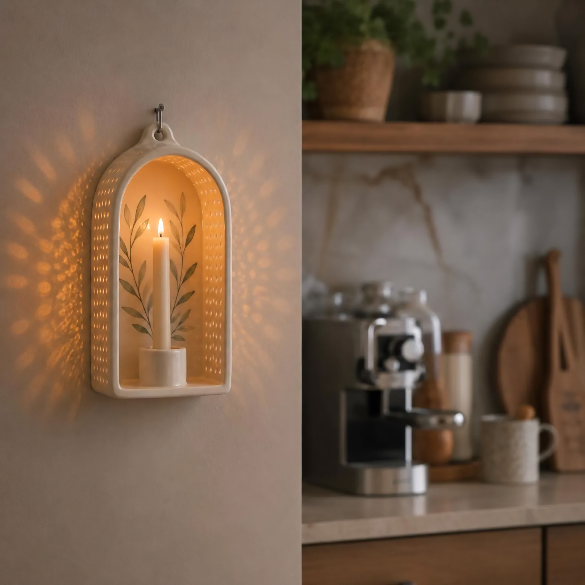 Perforated Ceramic Wall Sconce, Handmade Candle Lantern, Taper Candle Holder, Botanical Light Decor, Tealight Holder, Housewarming Gift | LA138