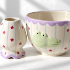 Cute Crocodile Matcha Bowl Set - Handmade Ceramic Chawan with Pouring Spout, Whisk Holder