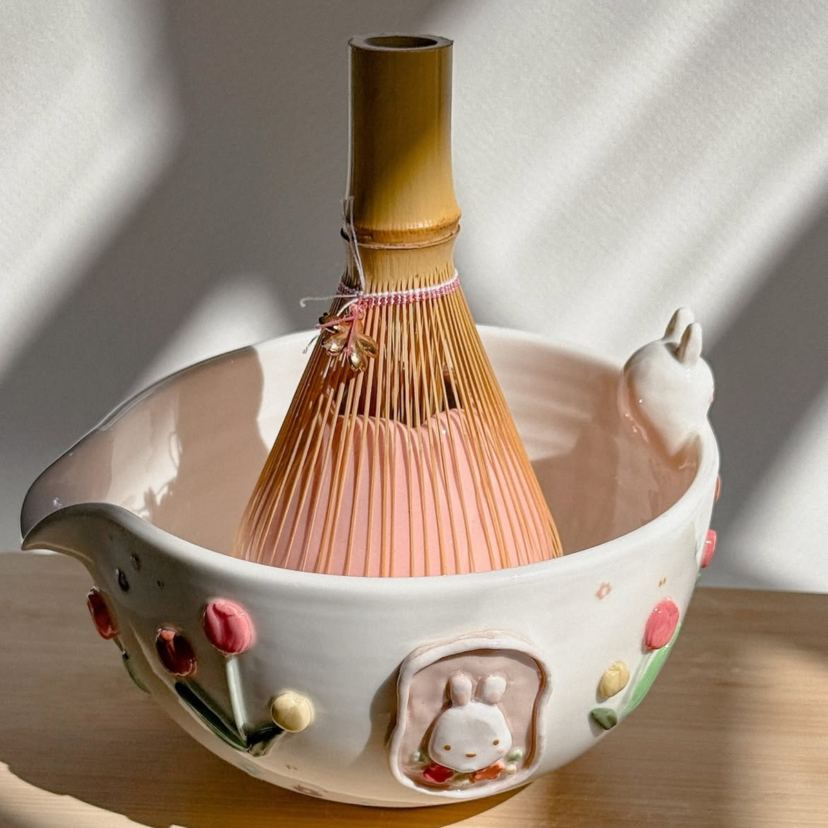 Spring Tulip Bunny 3D Handcrafted Ceramic Matcha Bowl and Flower Whisk Holder Set • HX10