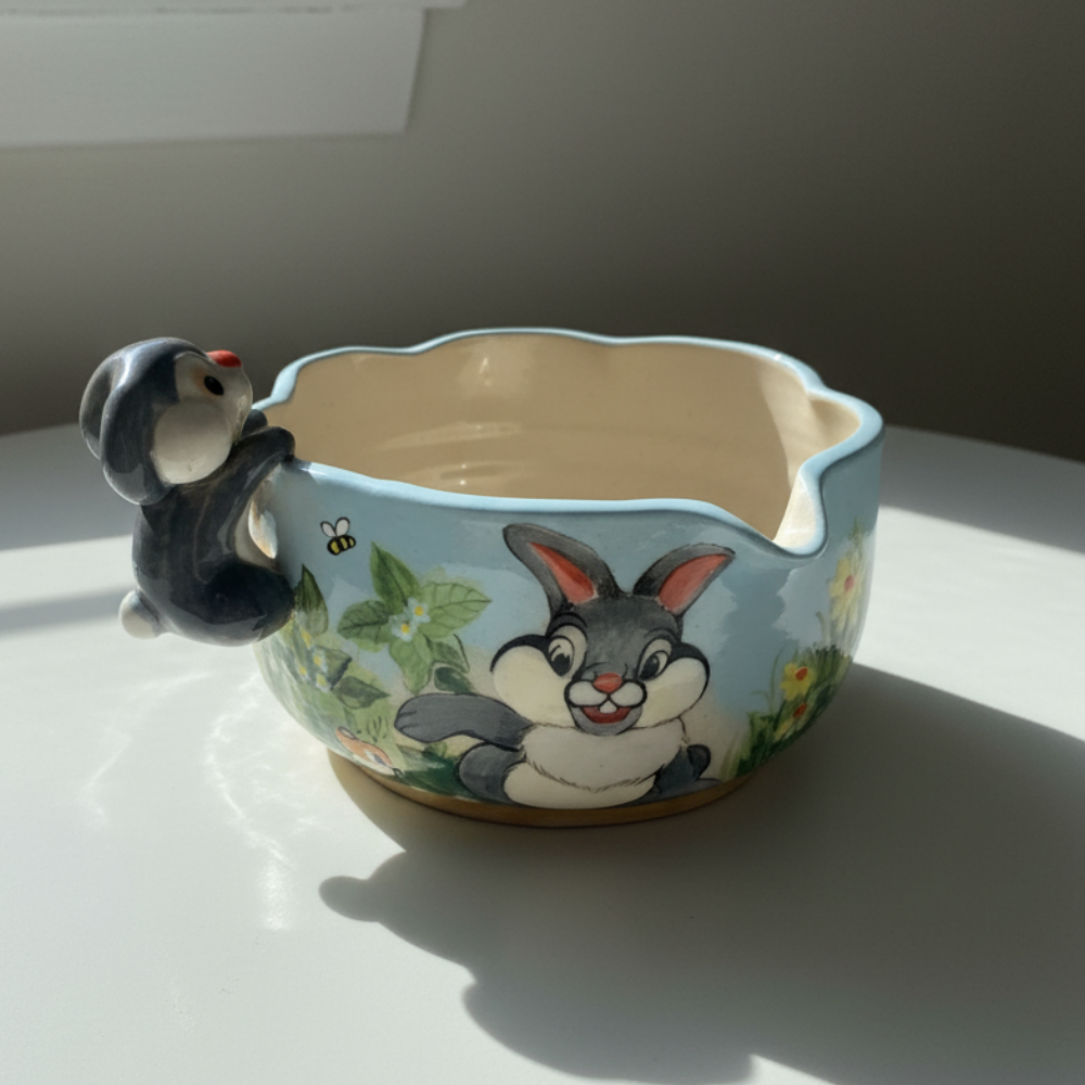 Fairytale Bunny Garden 3D Handcrafted Ceramic Matcha Bowl and Mushroom Whisk Holder Set • HX05