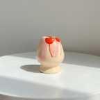 Handmade Pink Cherry Cake & Ribbon Bow Ceramic Matcha Bowl Set | Cute Spouted Chawan & Whisk Holder • HX51