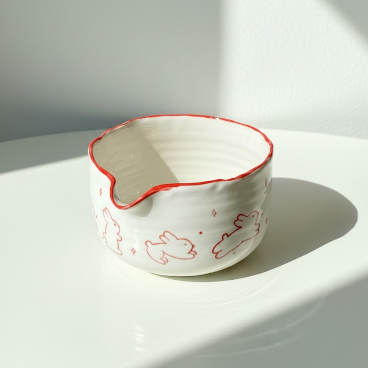 Minimalist Red Line Bunny Hand-Painted Ceramic Matcha Bowl and Whisk Holder Set • HX08