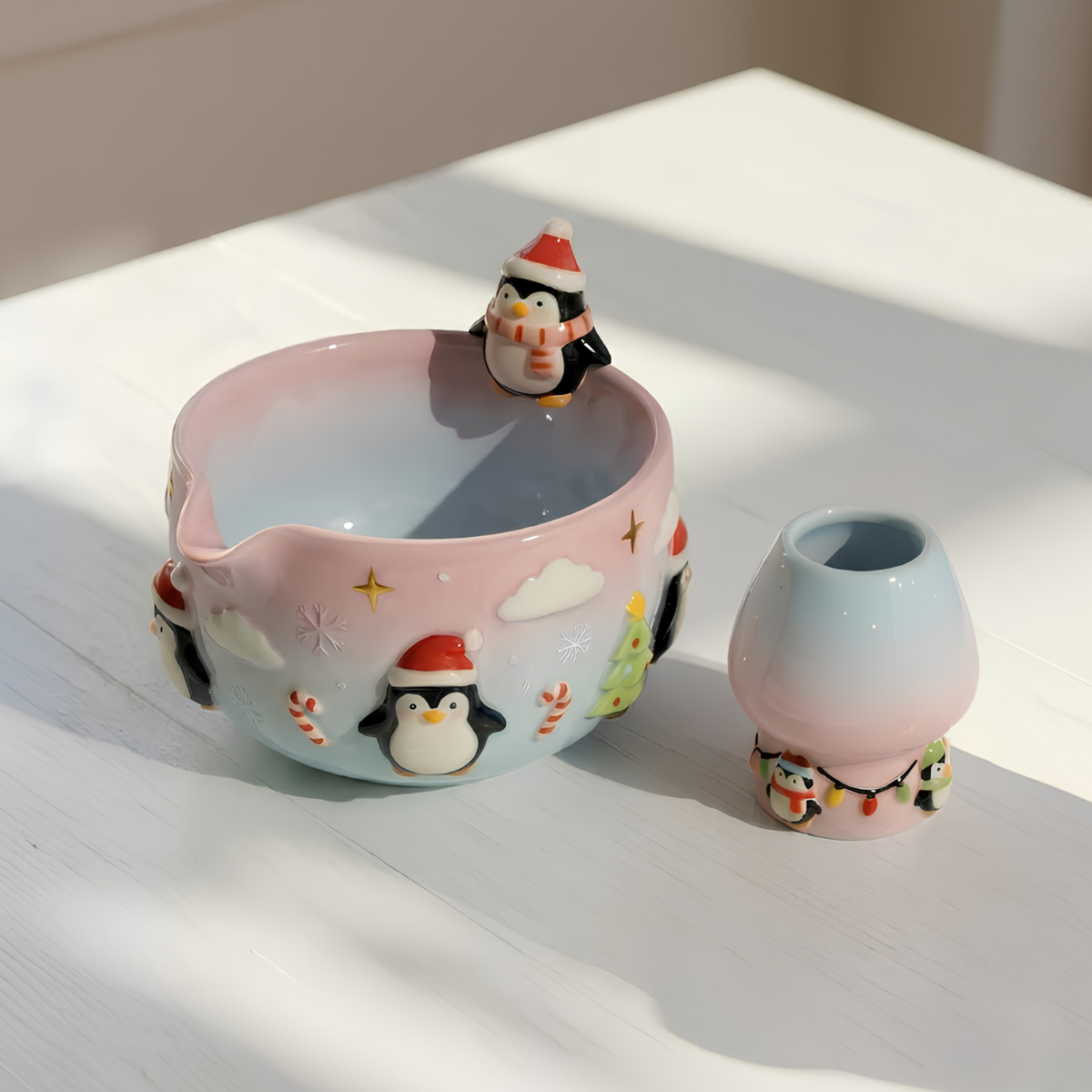Christmas Penguin Matcha Bowl, Handmade Ceramic Matcha Set with Whisk Holder, Cute Winter Chawan, Penguin Gift for Matcha Lover | LA049