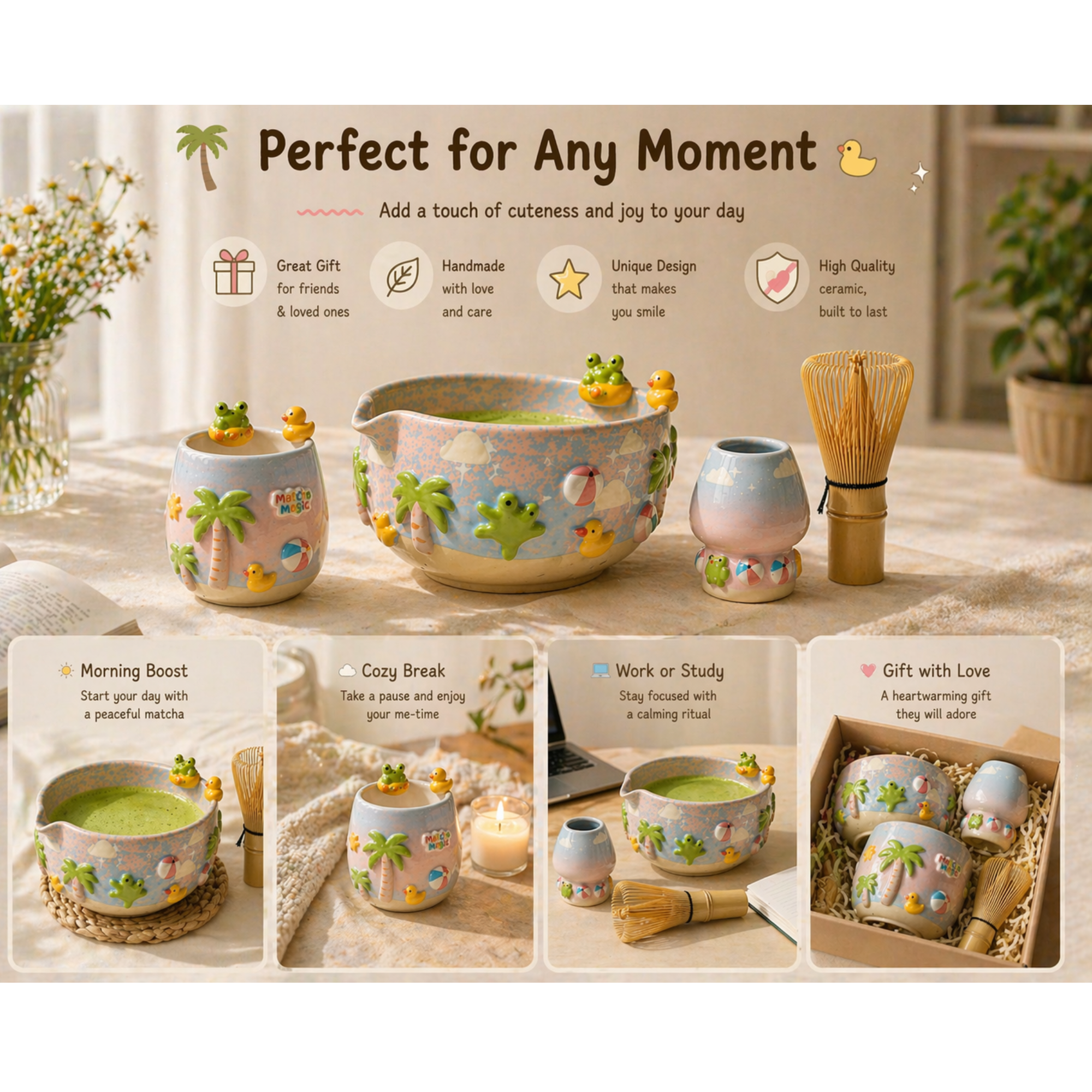 Handmade Frog Matcha Bowl Set, Cute Duck Ceramic Matcha Tea Set, Ombre Matcha Bowl with Whisk Holder, Kawaii Tea Gift | LA2