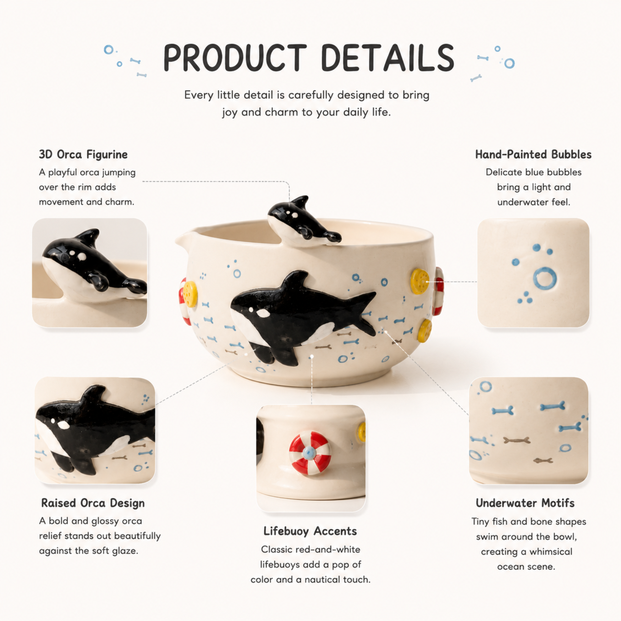 Playful Orca Ocean 3D Handcrafted Ceramic Matcha Bowl and Whisk Holder Set • HX12