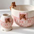 Teddy Bear Matcha Bowl Set, Handmade Ceramic Chawan & Whisk Holder, Pink Gingham Tea Set