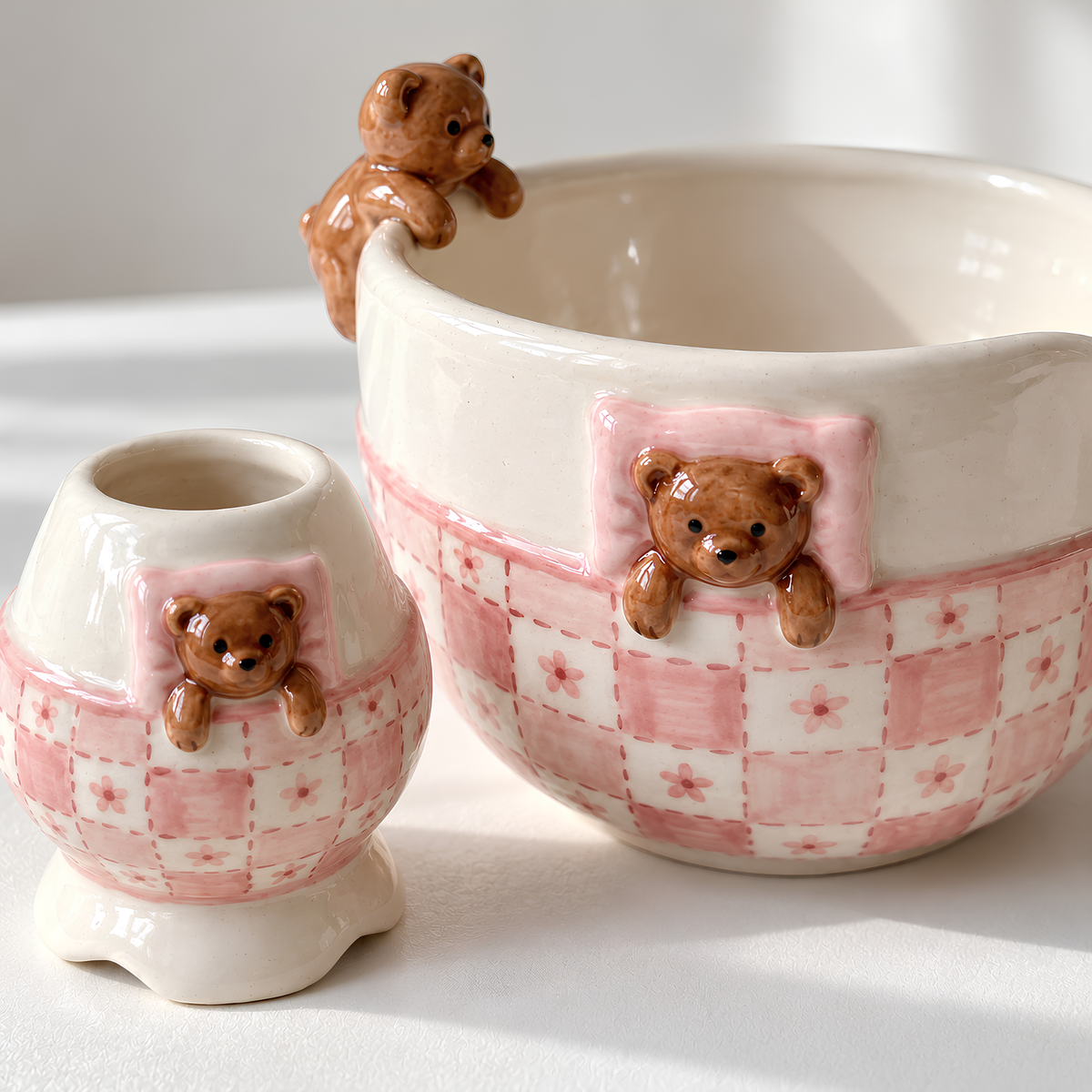 Teddy Bear Matcha Bowl Set, Handmade Ceramic Chawan & Whisk Holder, Pink Gingham Tea Set