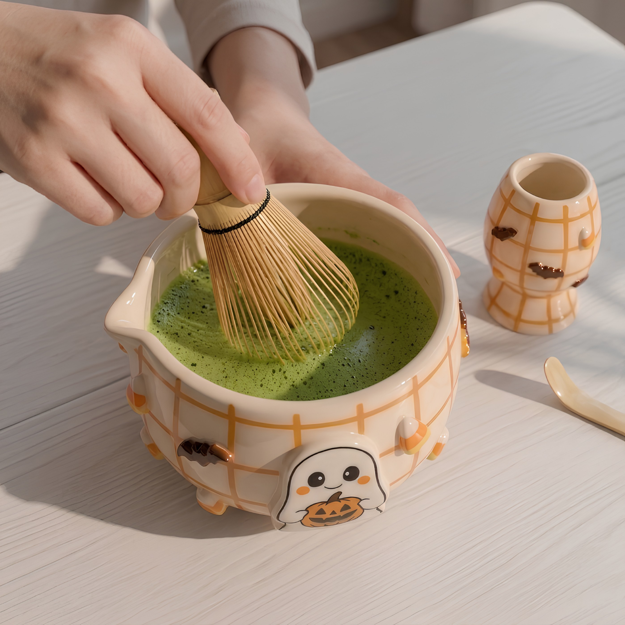 Handmade Halloween Matcha Bowl Set, Ghost Ceramic Chawan with Whisk Holder, Cute Pumpkin Matcha Bowl, Fall Tea Lover Gift | LA036