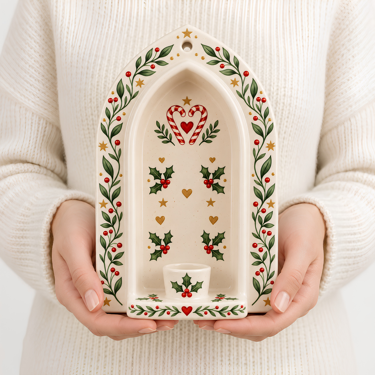Christmas Ceramic Wall Candle Holder - Taper Sconce, Hand Painted Holly & Candy Cane Pottery Decor, Holiday Housewarming Gift