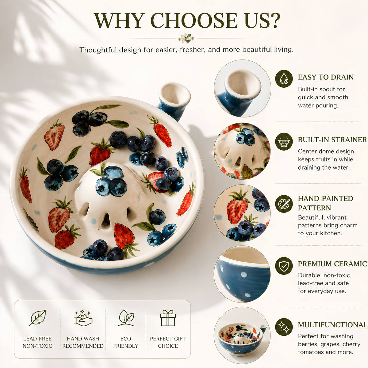 Handmade Ceramic Berry Bowl, Small Fruit Washing Bowl, Strawberry & Blueberry Colander, Cottagecore Kitchen Gift | LA101