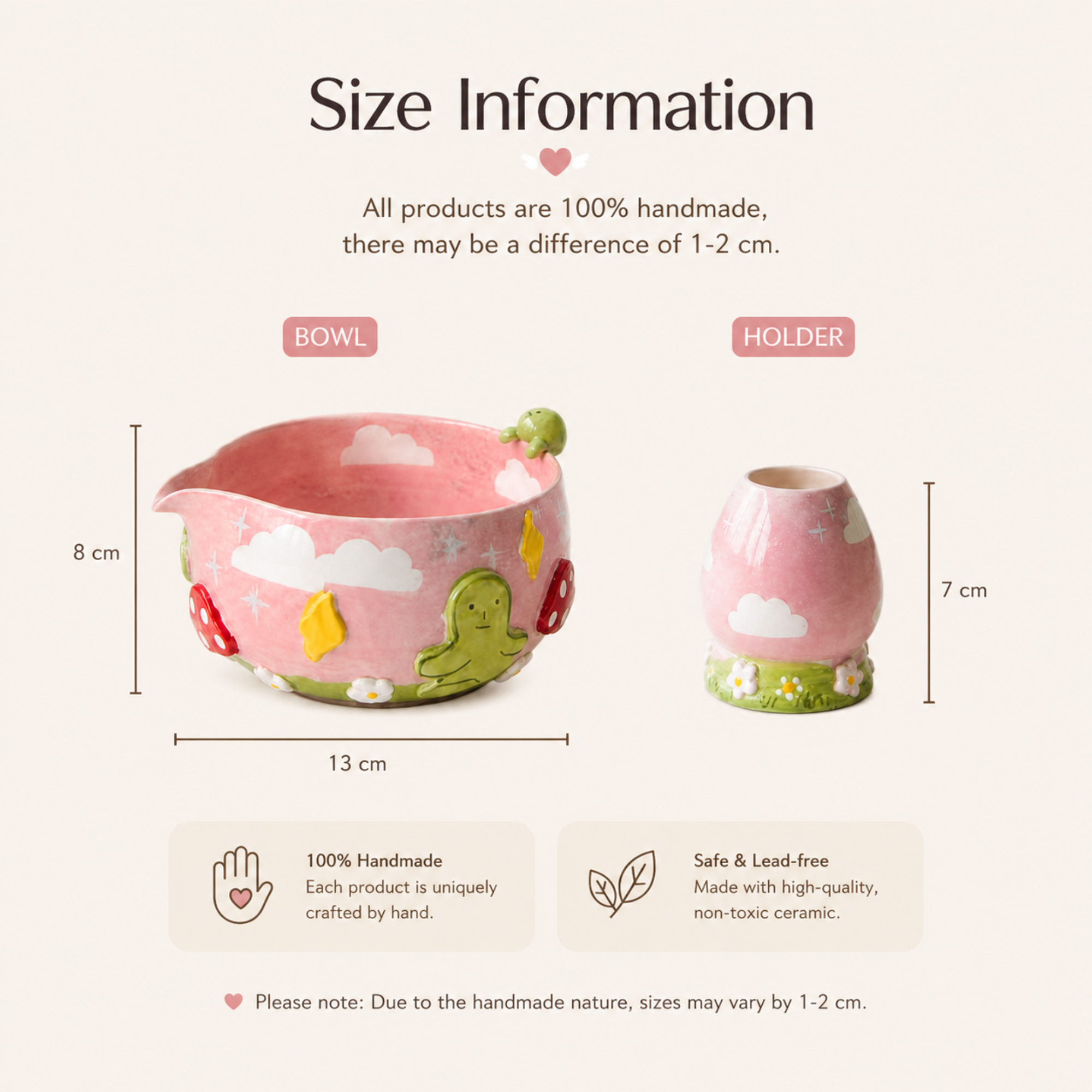 Fairytale Pink Sky Smiski 3D Handcrafted Ceramic Matcha Bowl and Whisk Holder Set • HX07