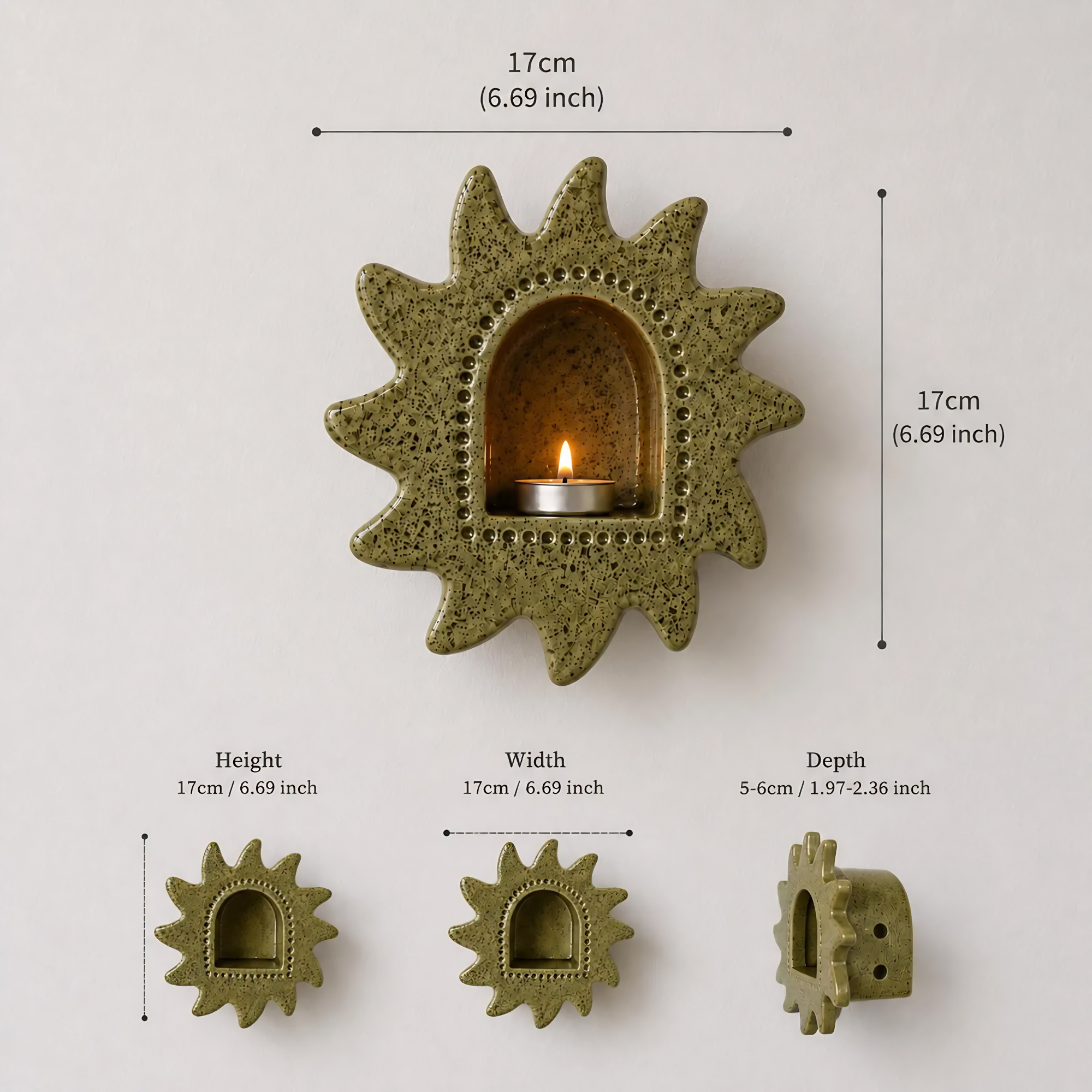 Handmade Ceramic Sun Wall Candle Holder, Green Speckled Sconce, Cozy Cottagecore Decor | LA113
